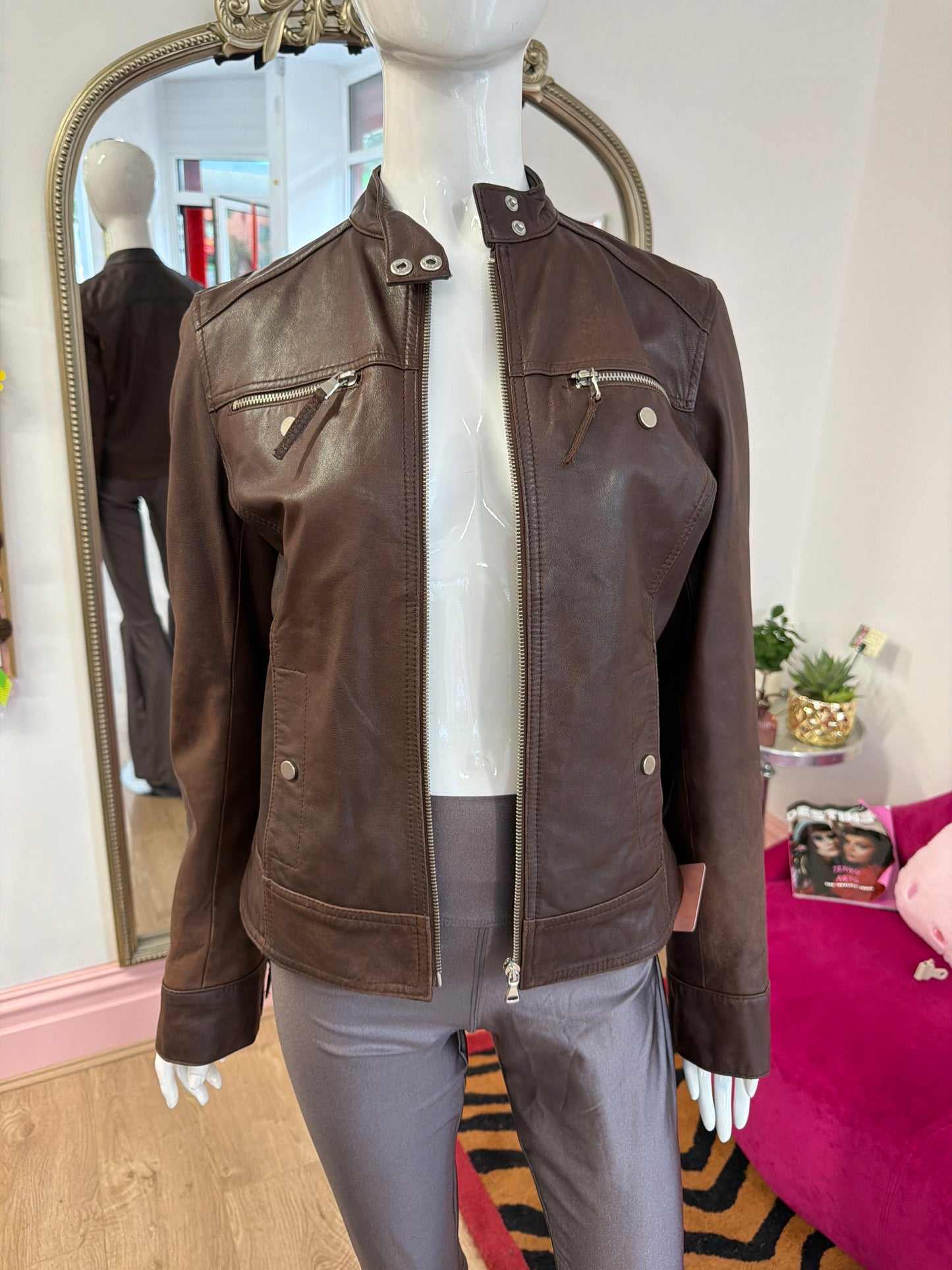 594 Brown leather jacket Size UK 10