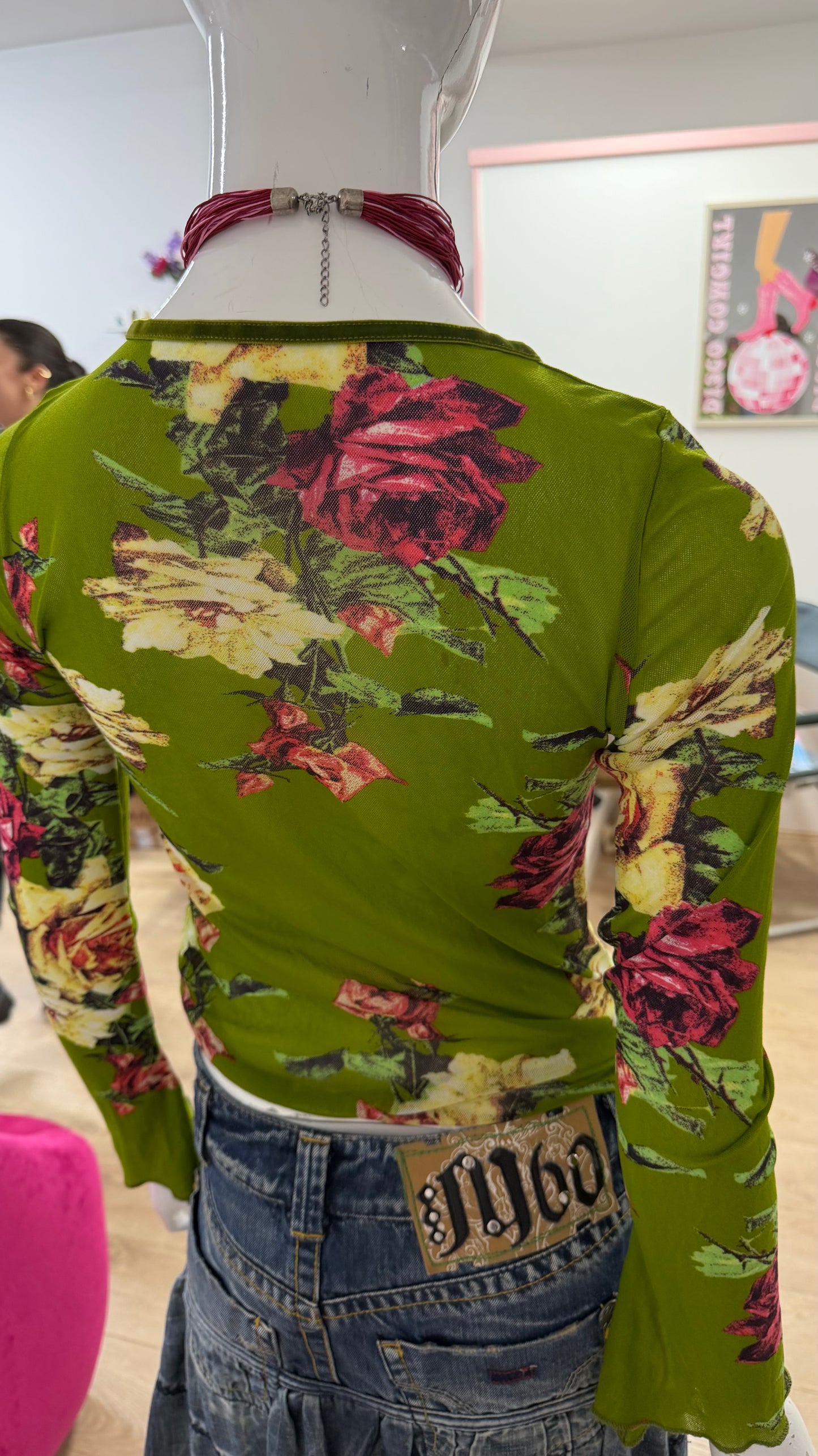115 Green floral sheer top