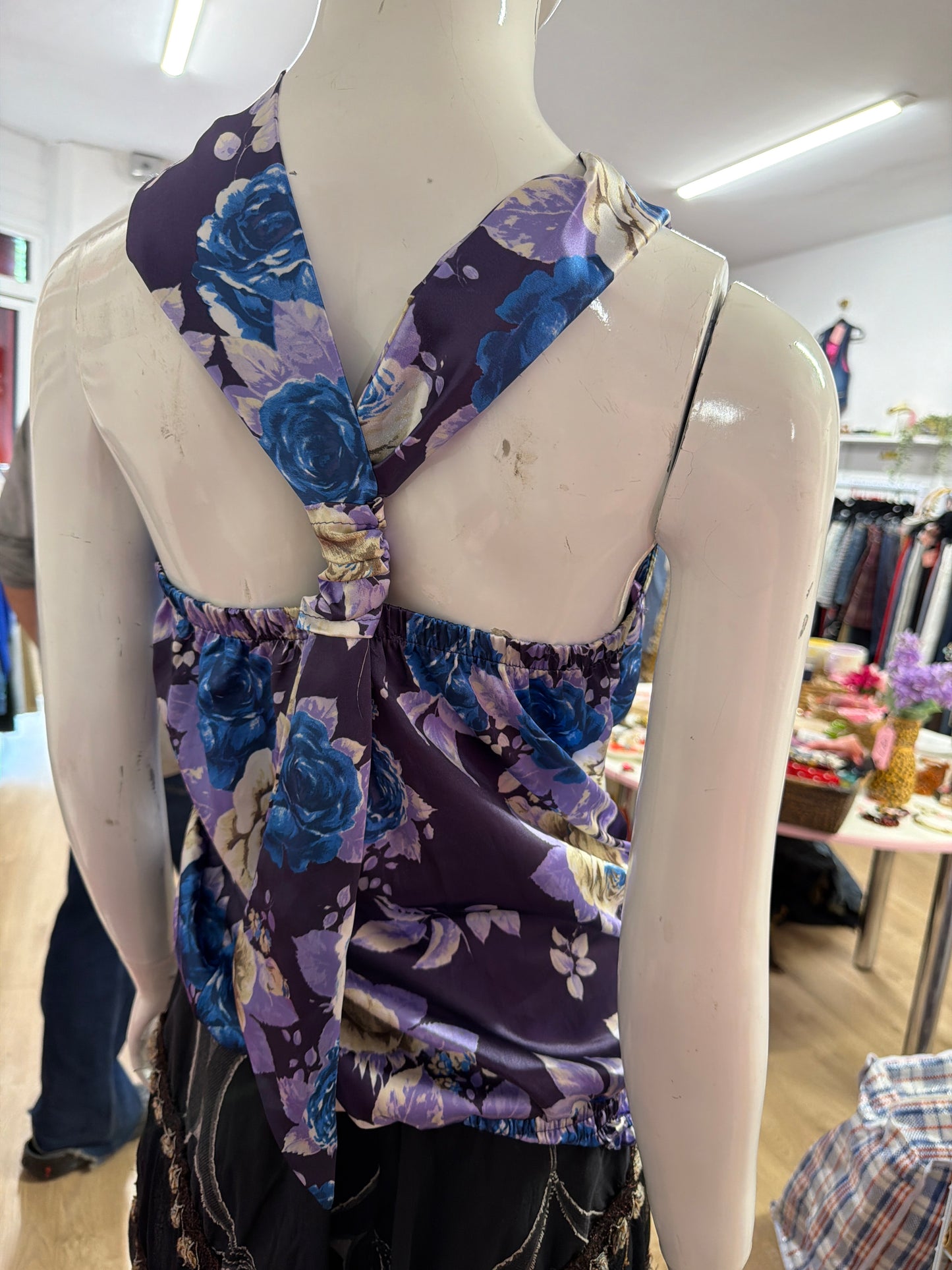 423 purple floral satin top
