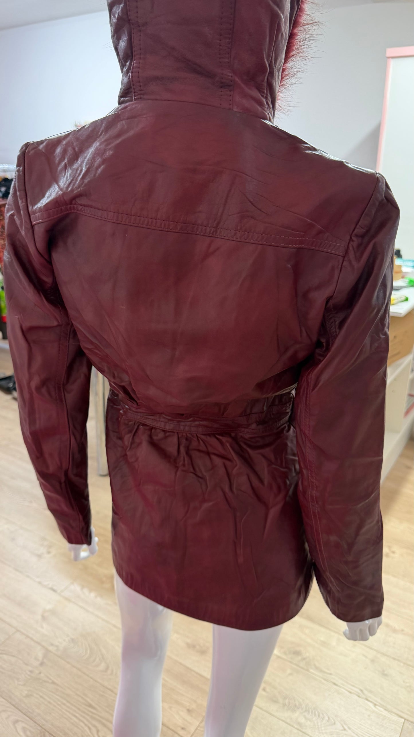 280 Red leather jacket with fur hood