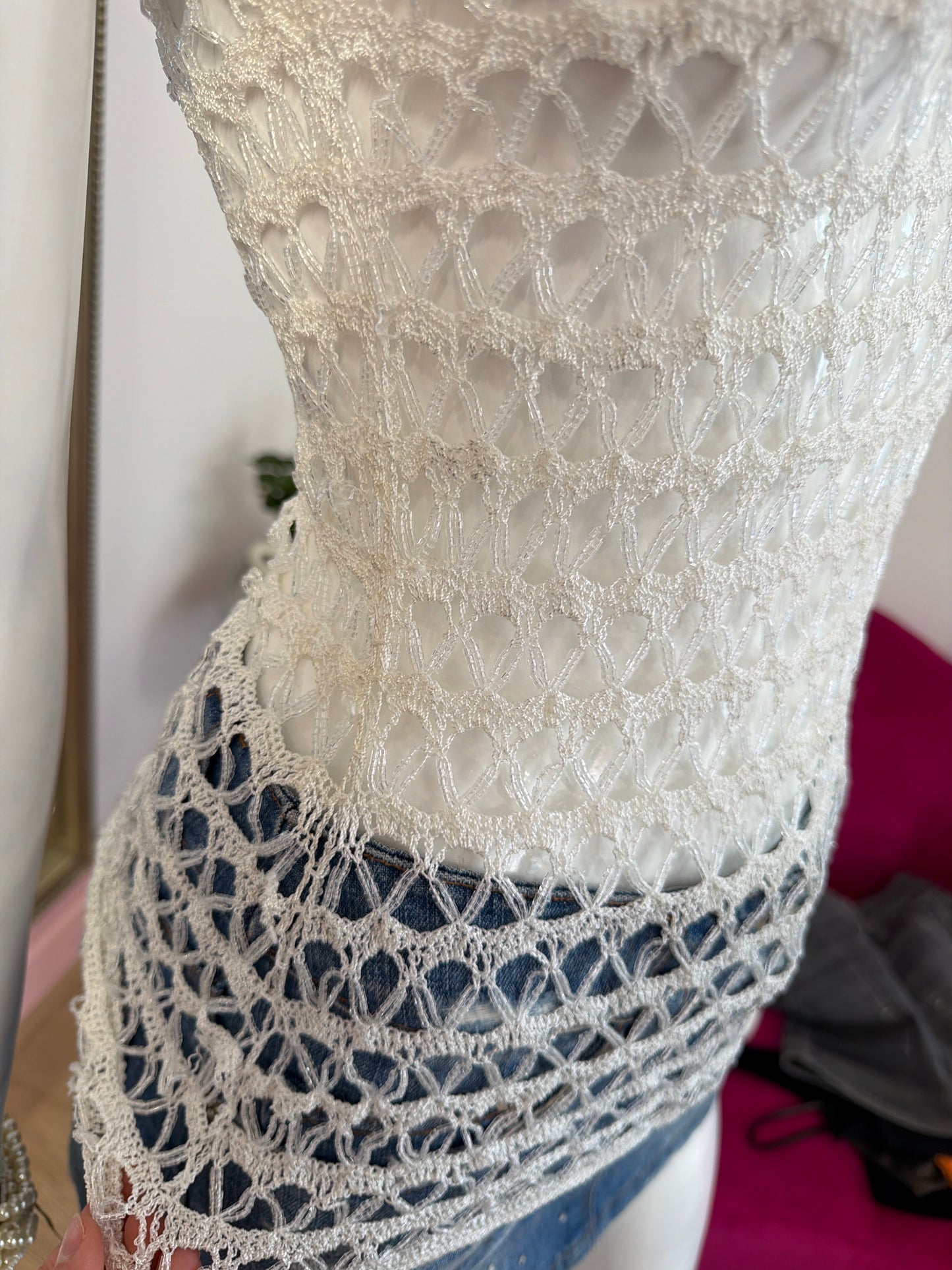 526 White net beaded tank top