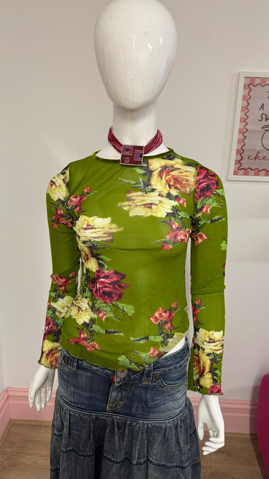 115 Green floral sheer top