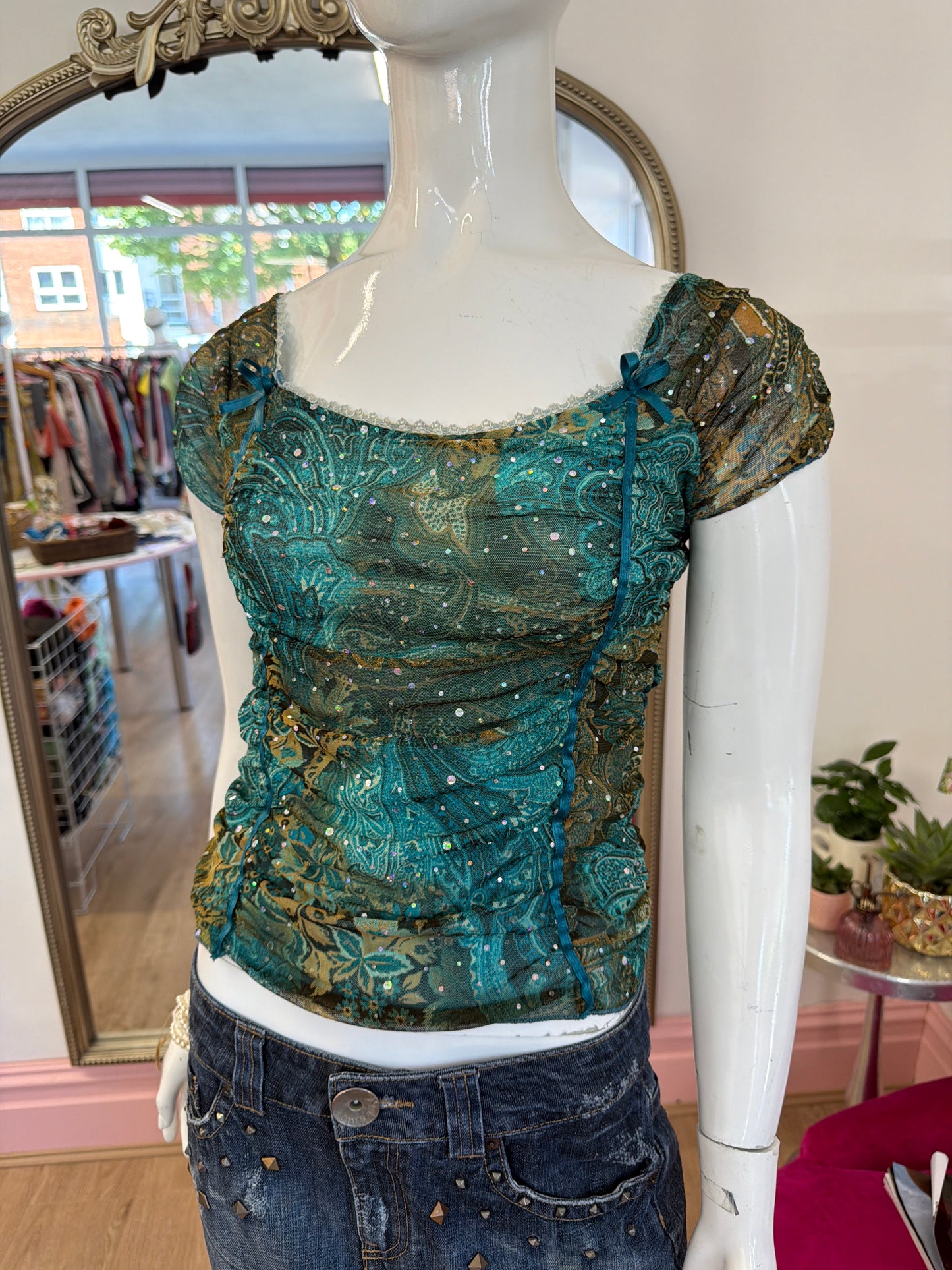 544 Green mesh top with sequins