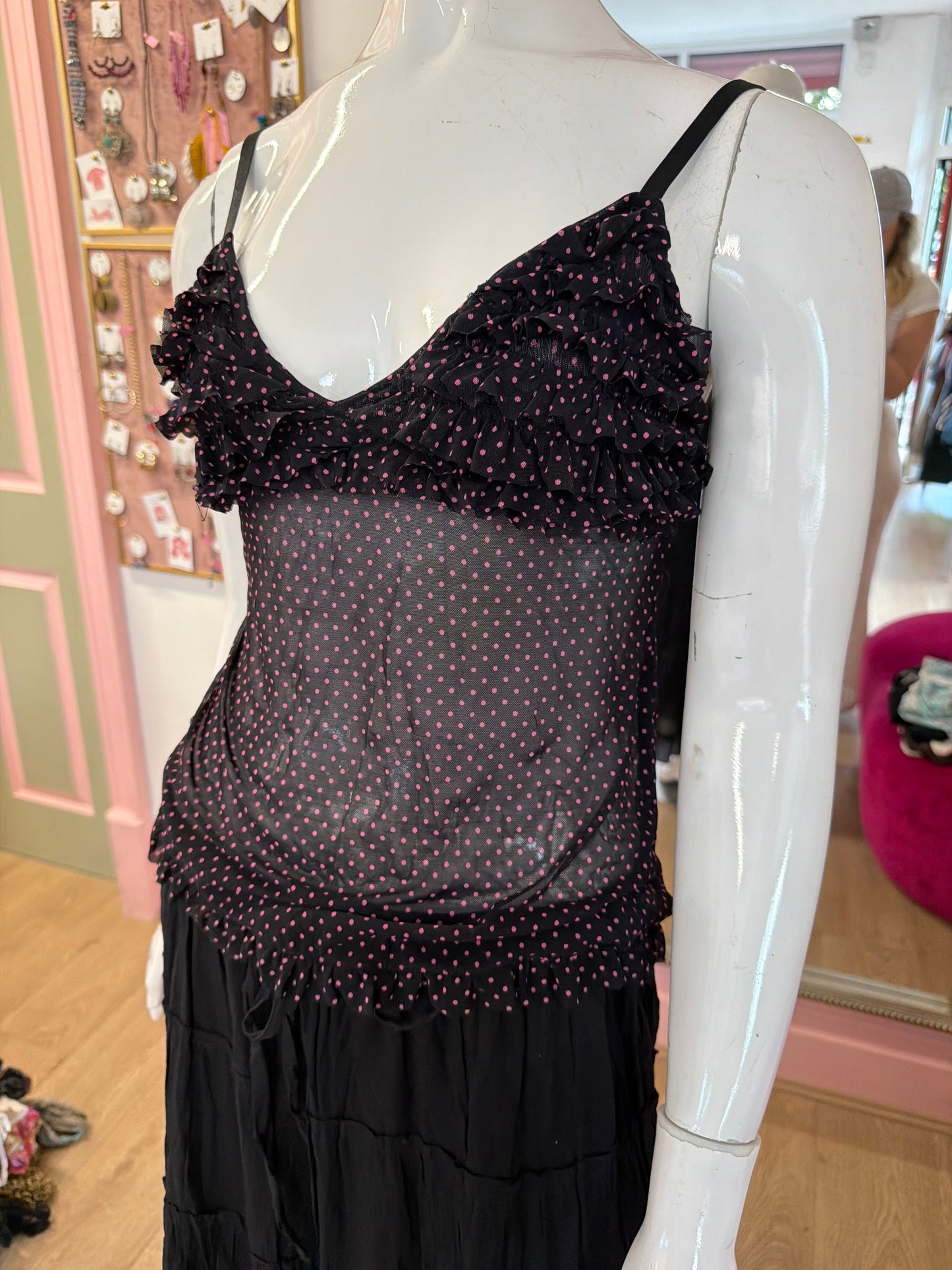 509 Pink and black mesh polka dot cami top