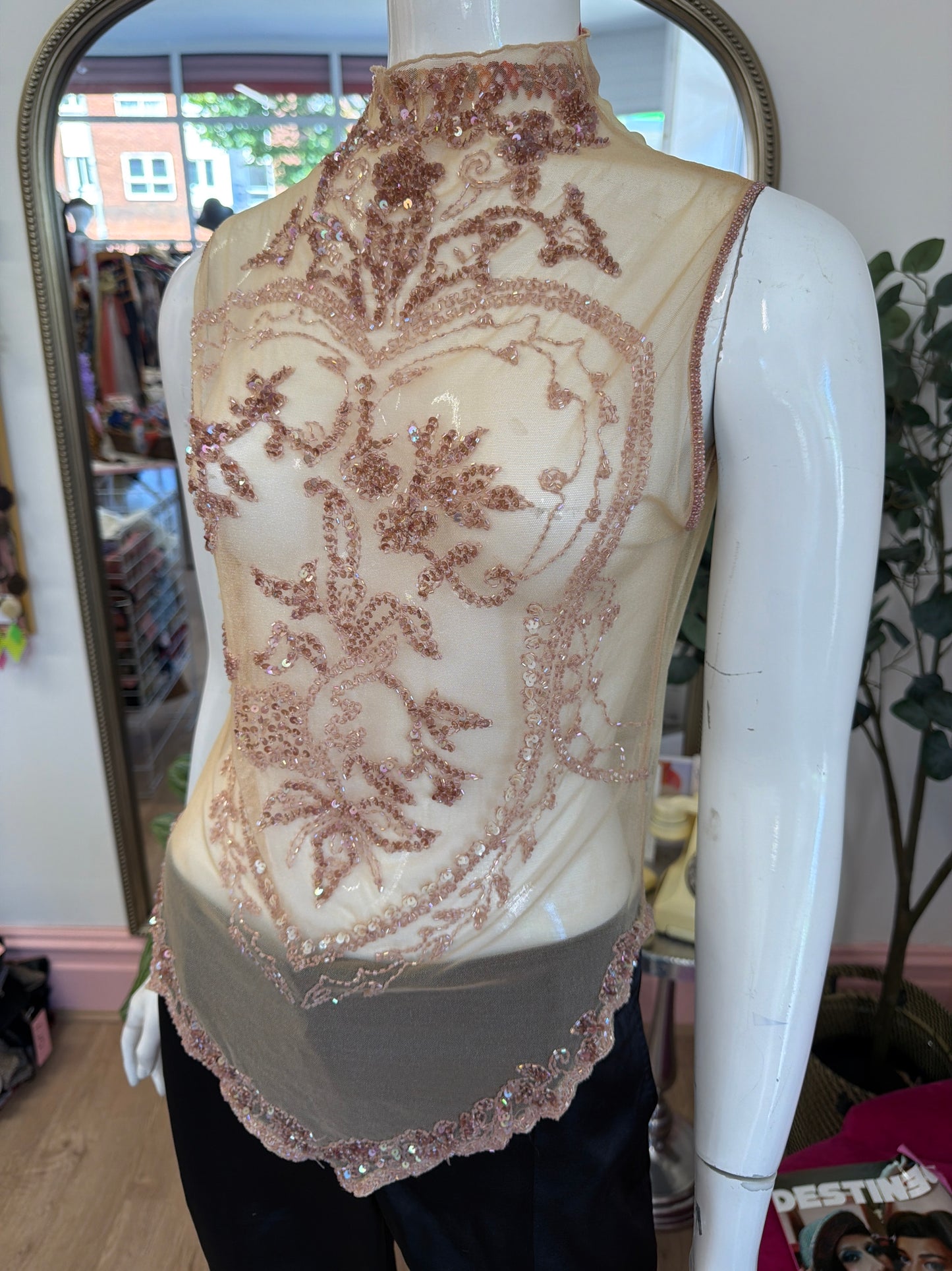 377 beige sequinned mesh top