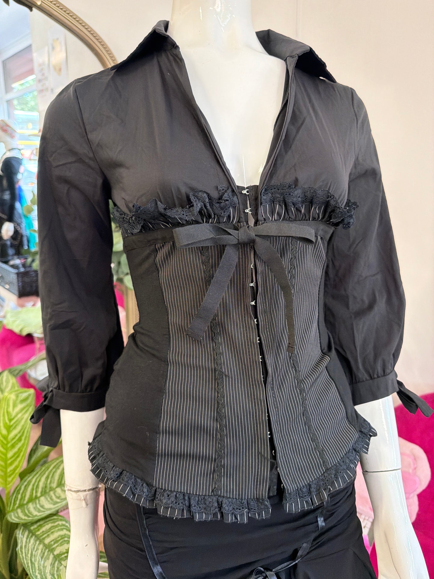 395 Black corset style pin stripe top