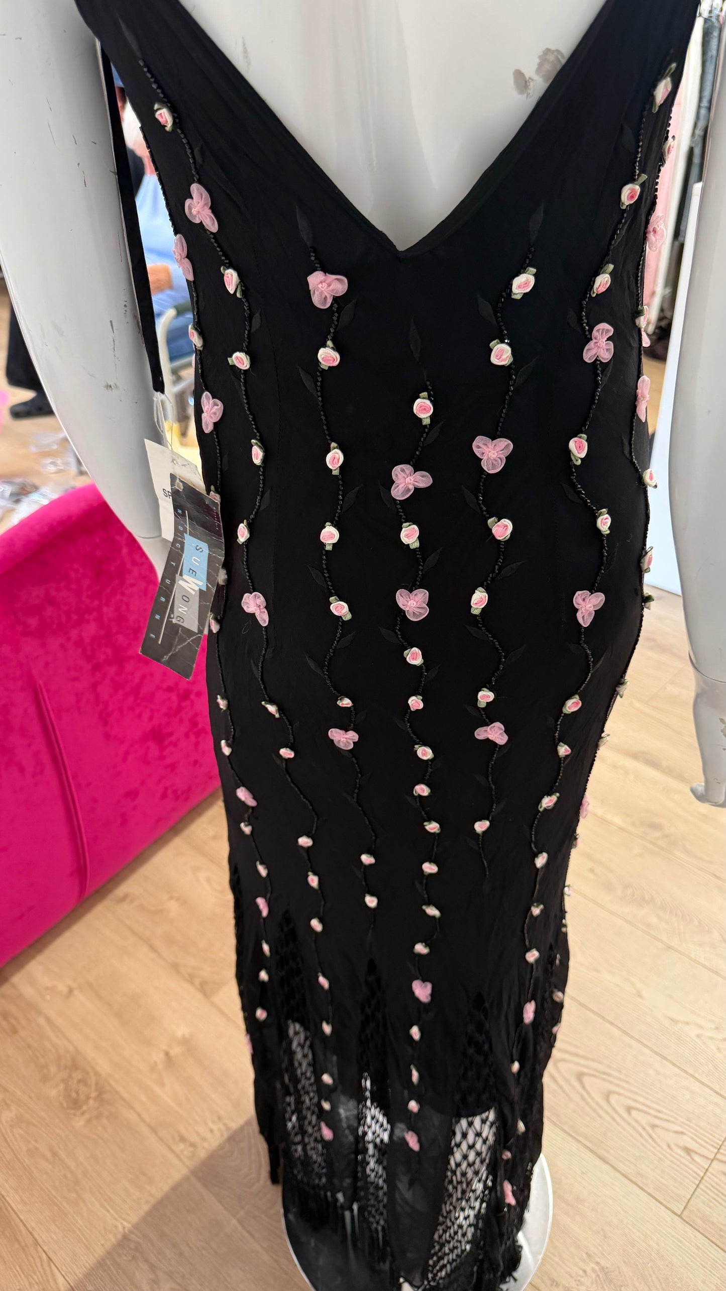 219 Black maxi dress with rose detailing