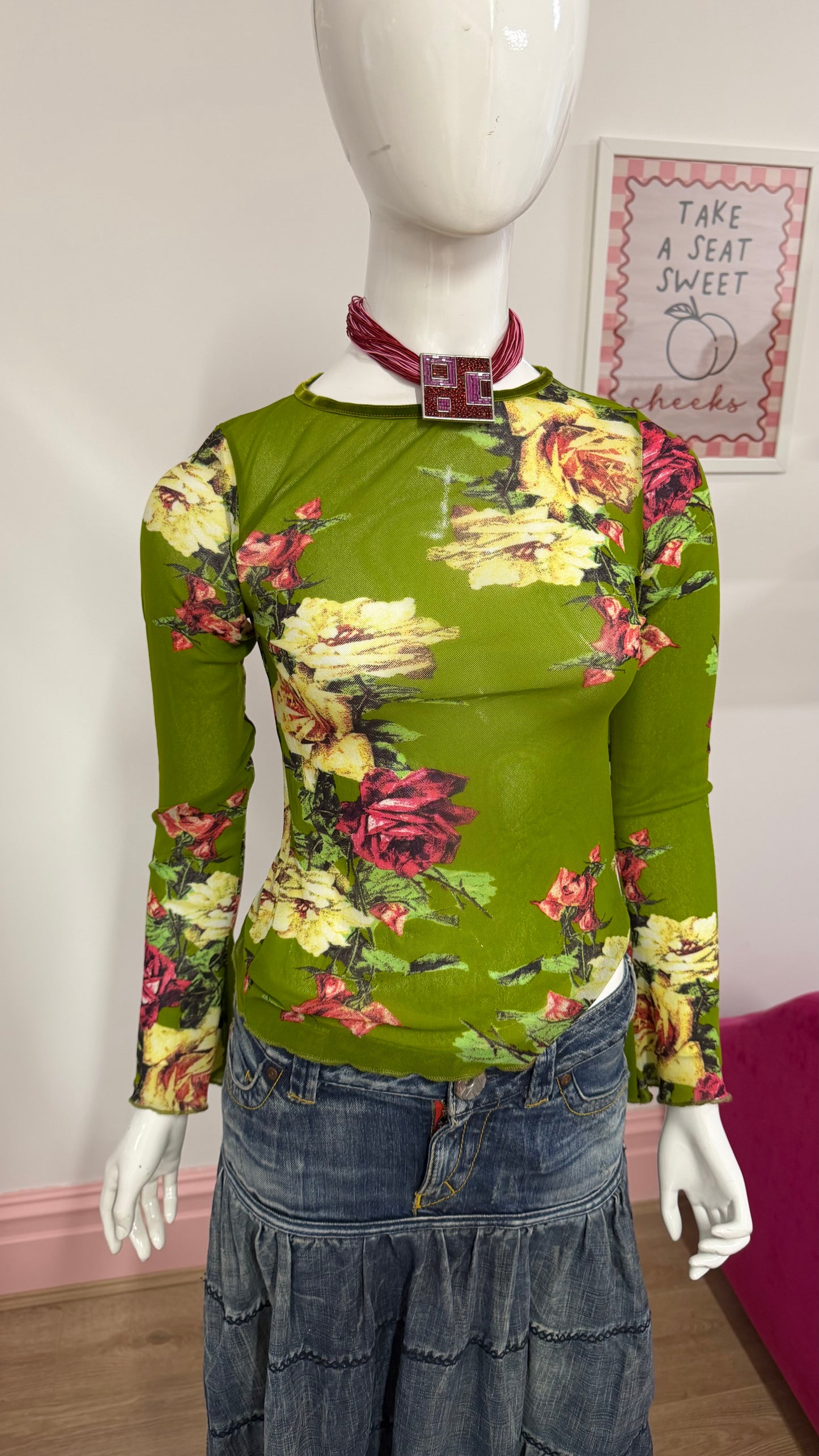 115 Green floral sheer top