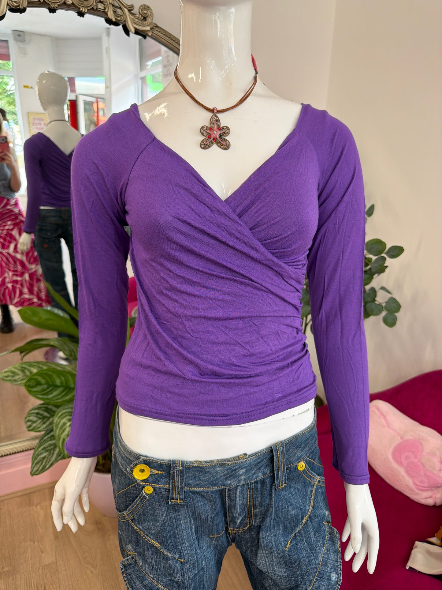 480 Purple v neck long sleeve top