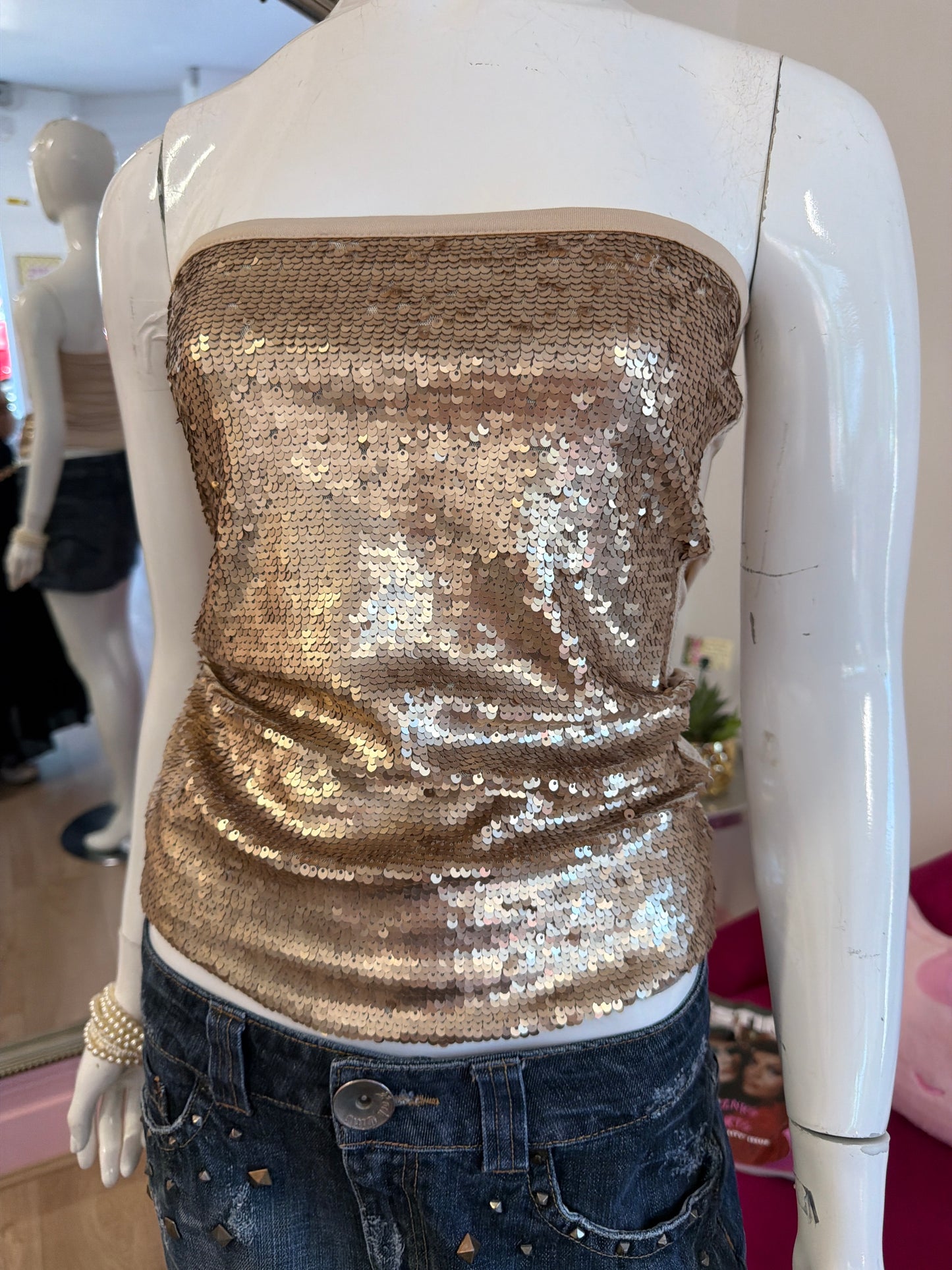 562 Gold strapless sequin top
