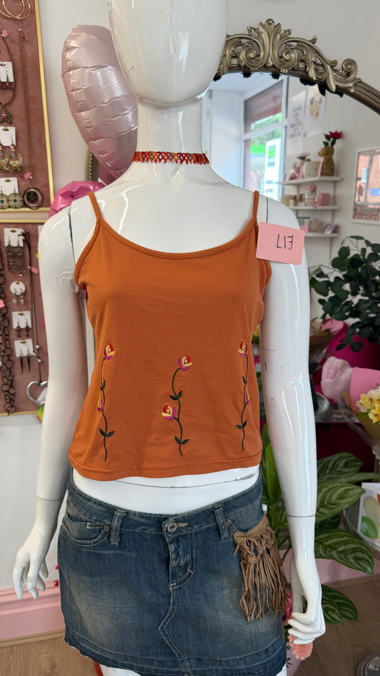 322 Orange cami top with floral embellishment