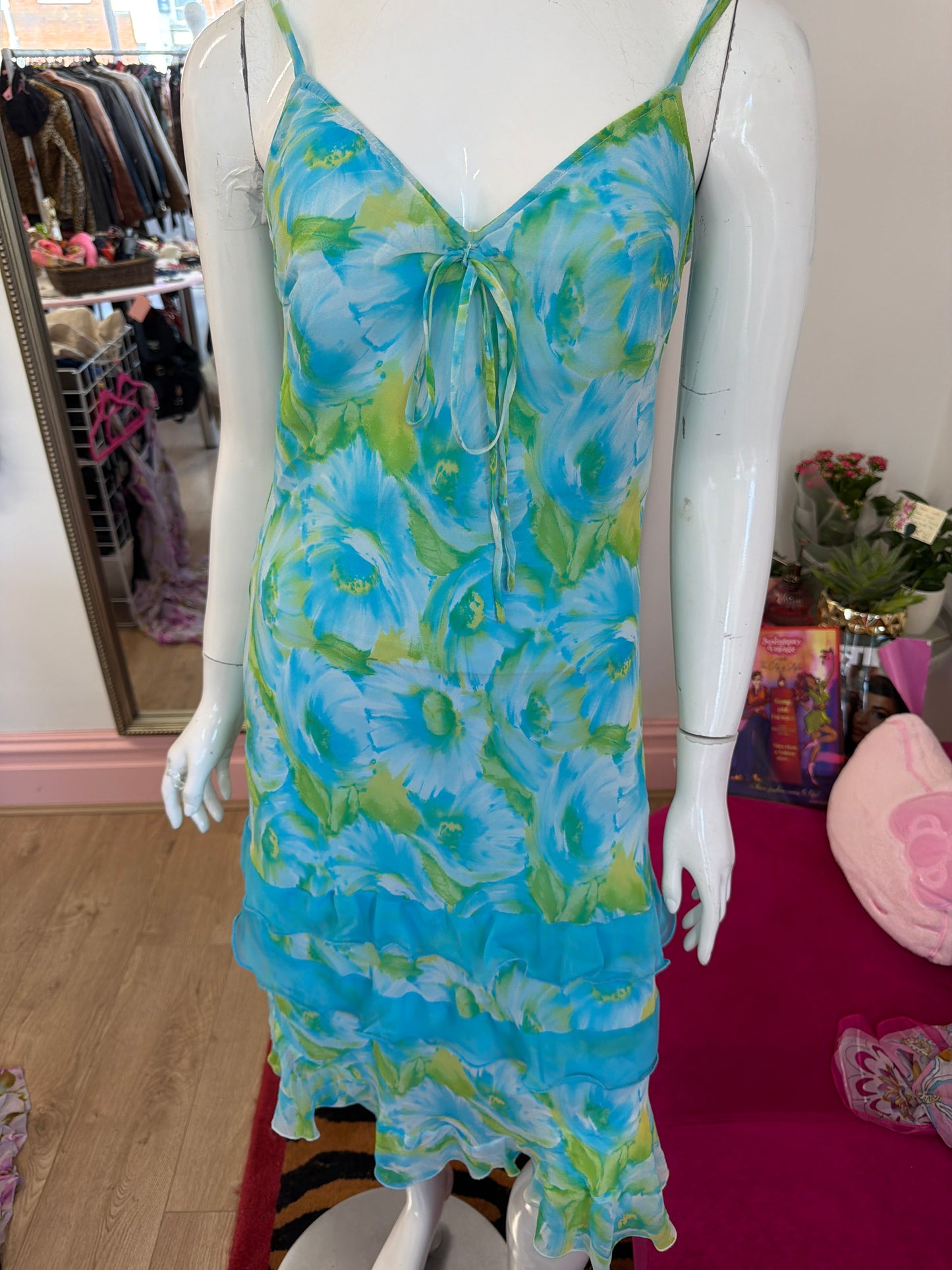 652 Floral print silk summer dress midi length size 10
