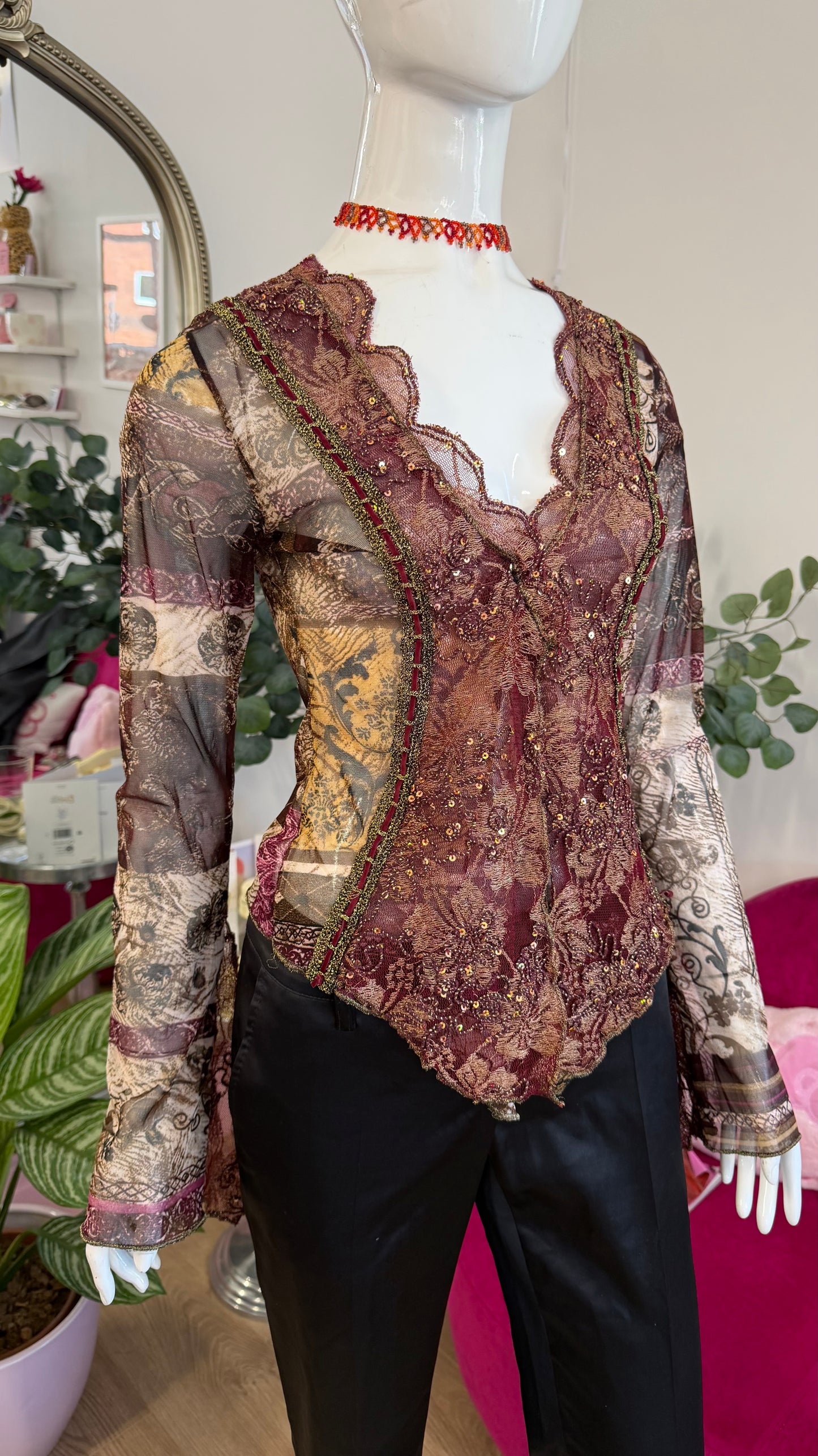 376 Akiko detailed mesh flared sleeve top