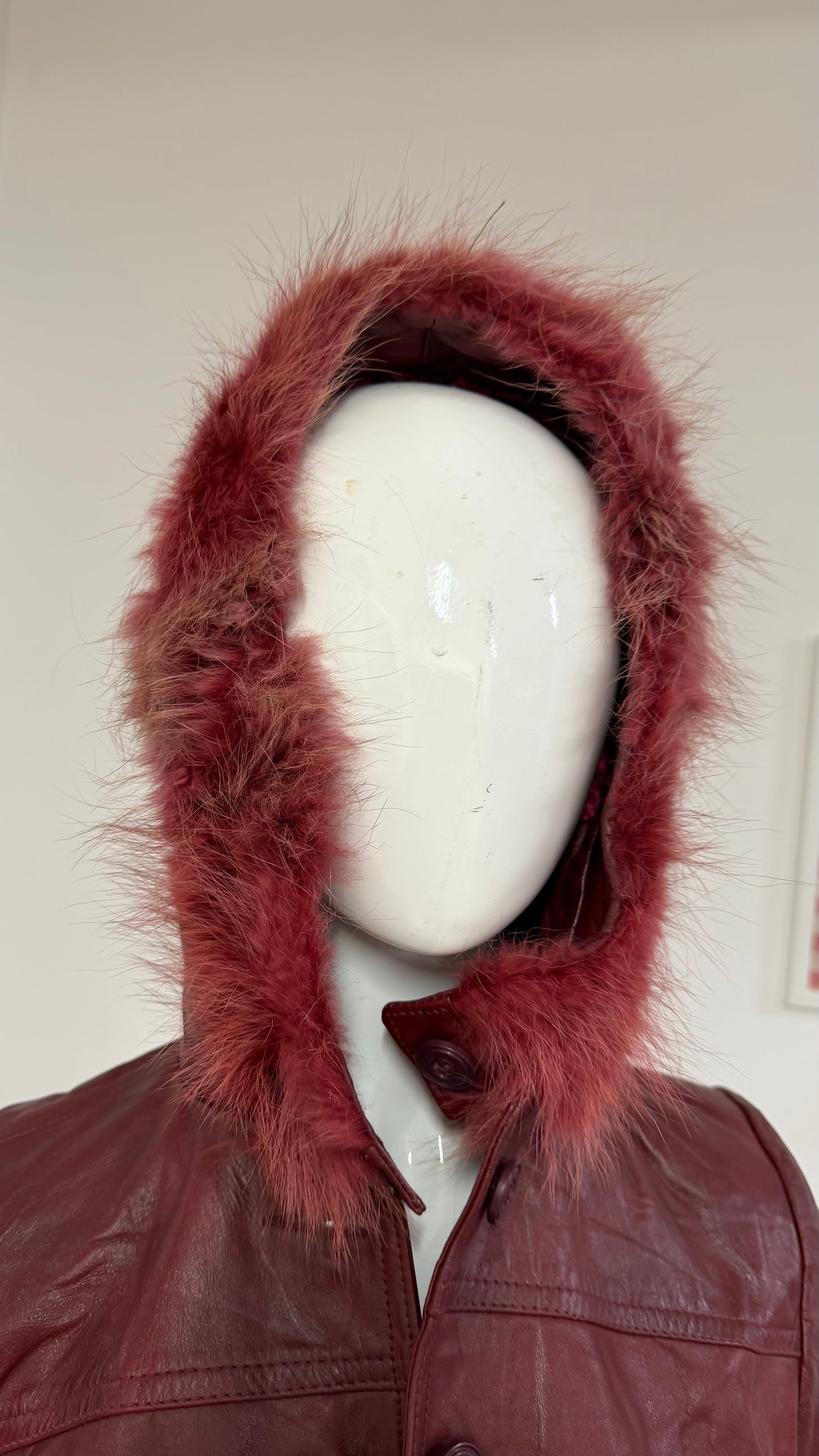 280 Red leather jacket with fur hood