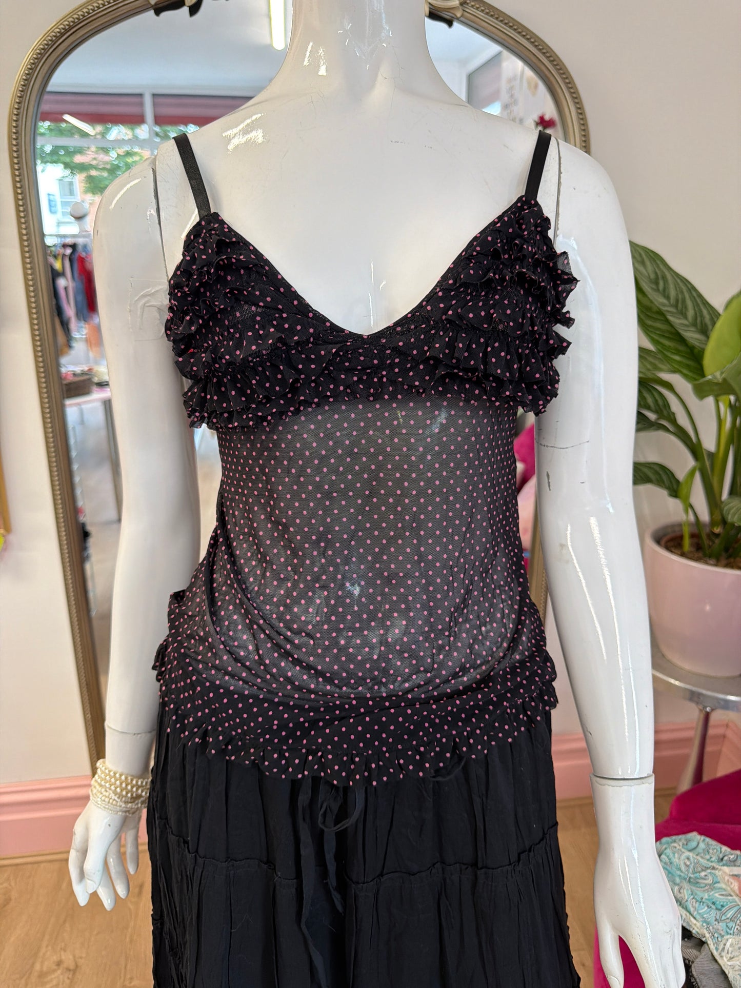 509 Pink and black mesh polka dot cami top