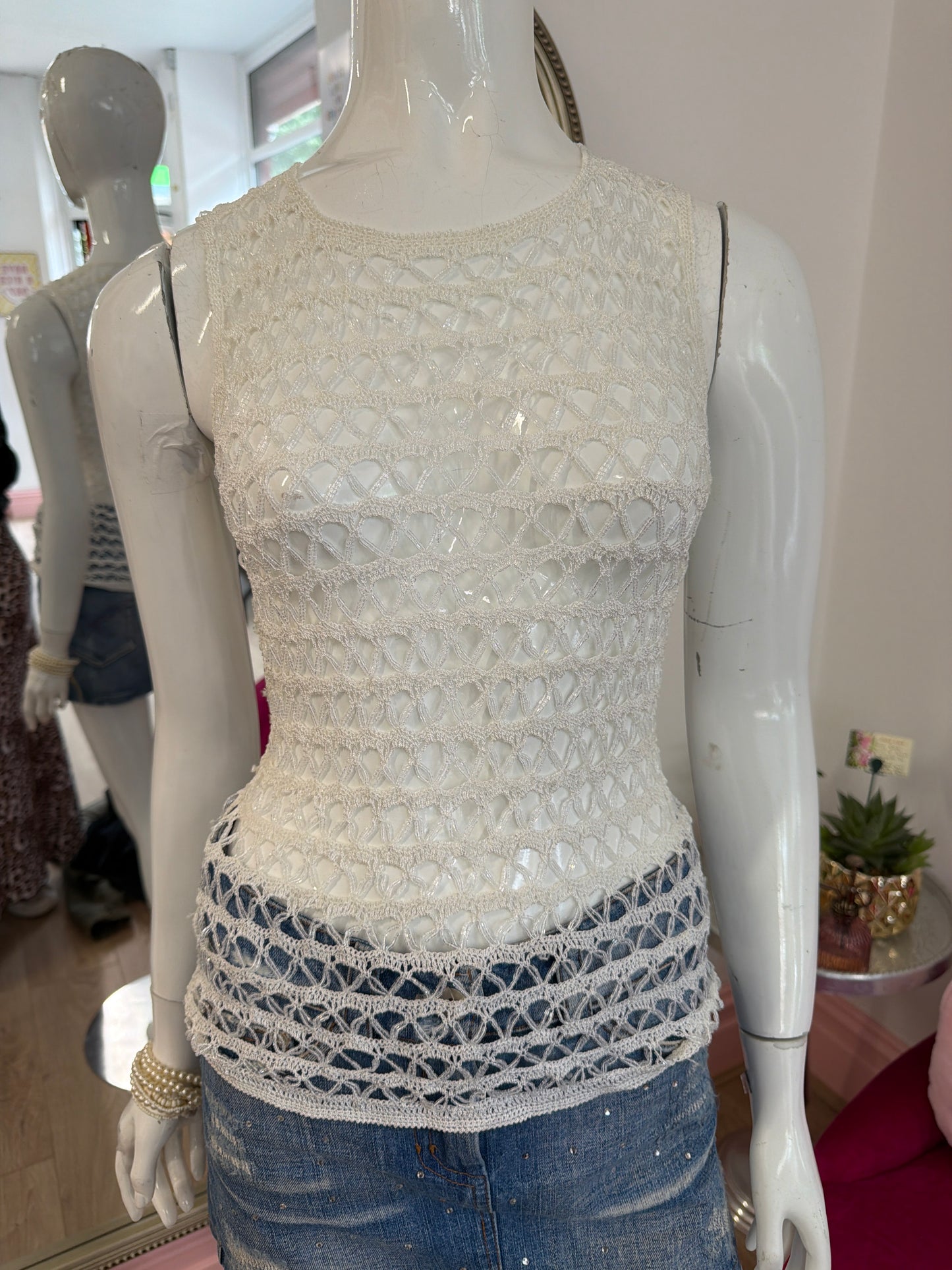 526 White net beaded tank top