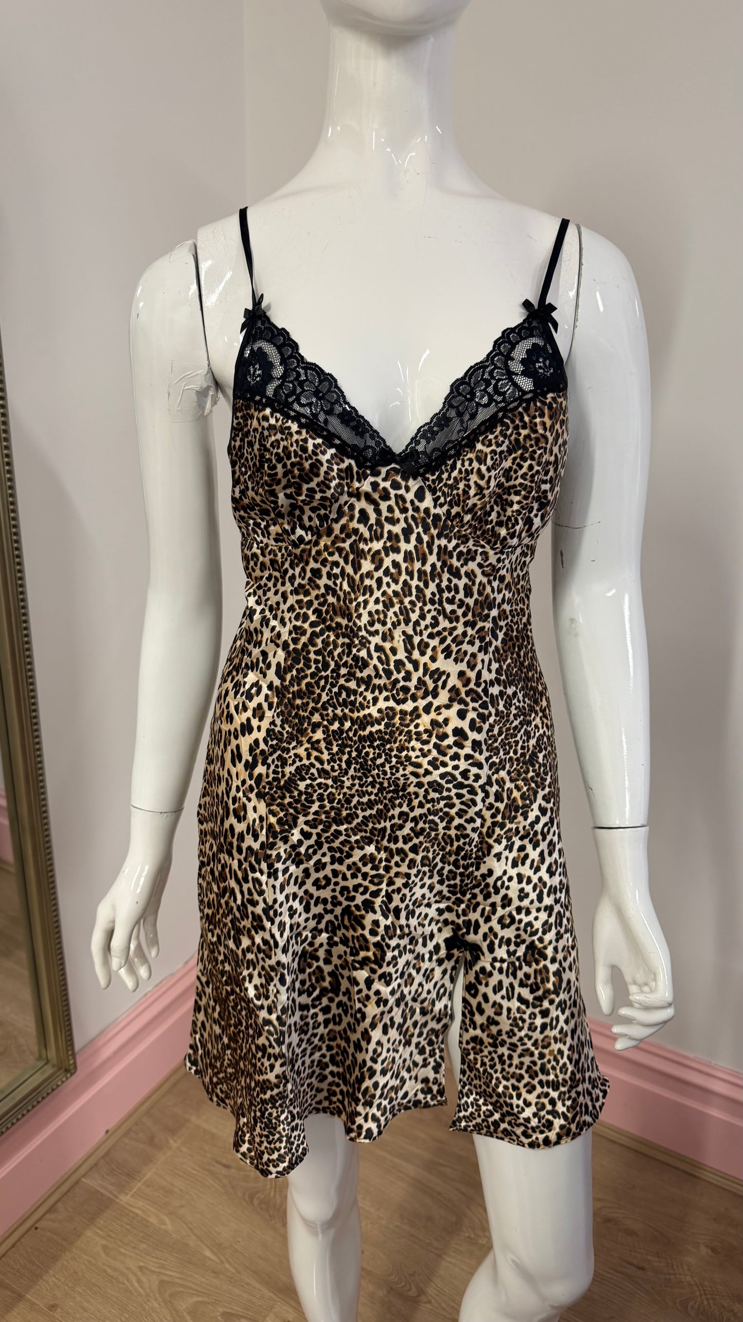 220 Leopard print satin slip dress