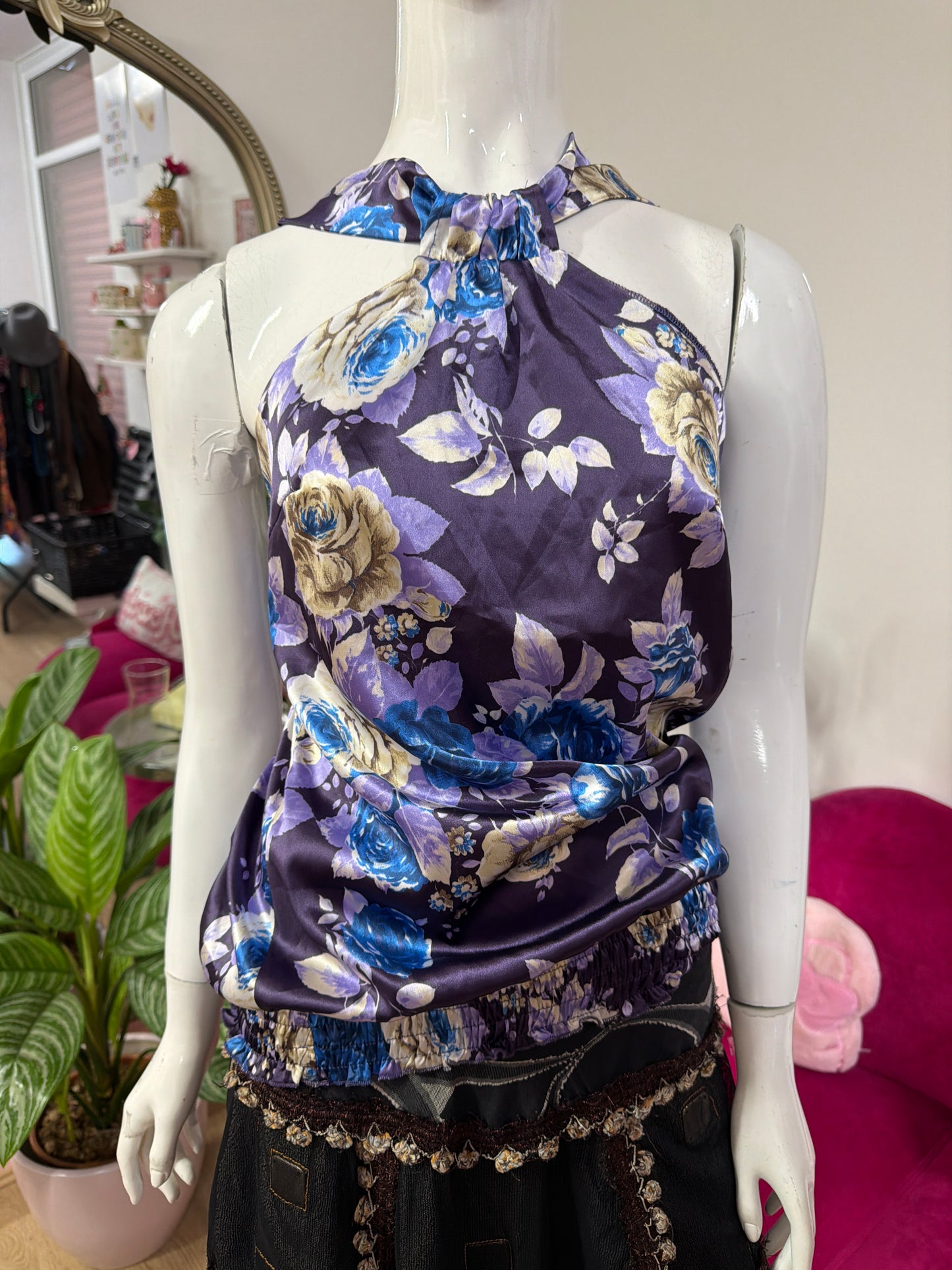 423 purple floral satin top