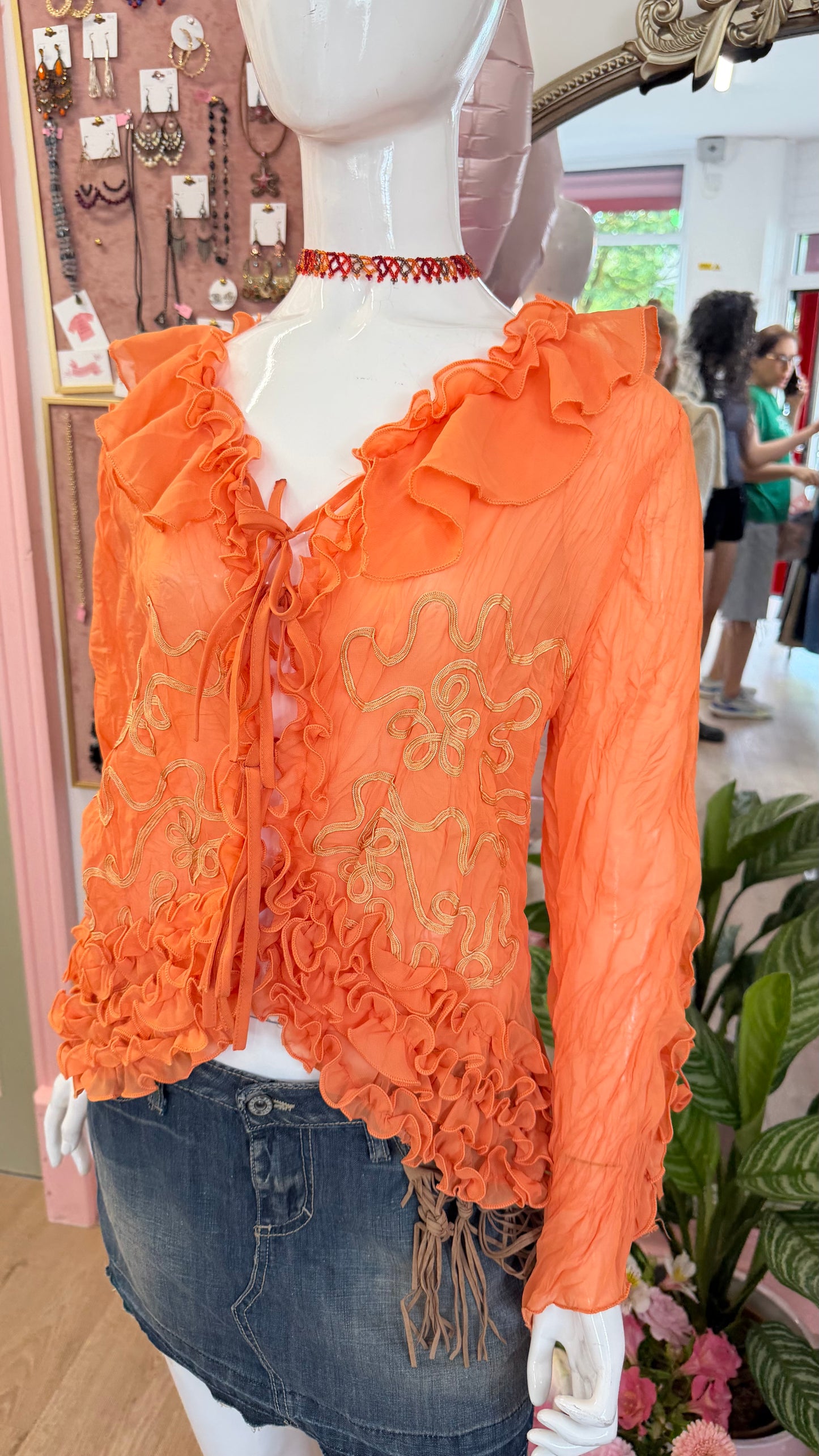 325 Orange sheer frill shirt