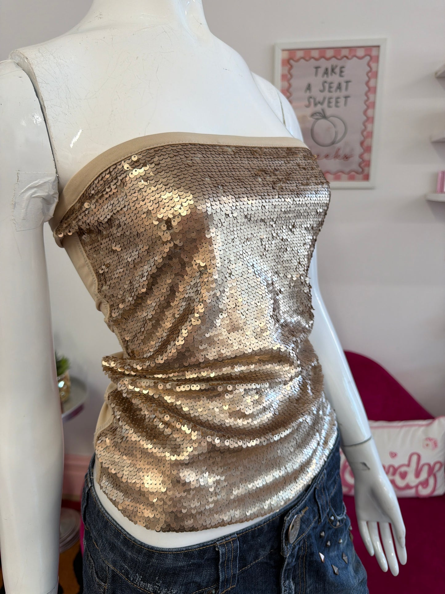 562 Gold strapless sequin top