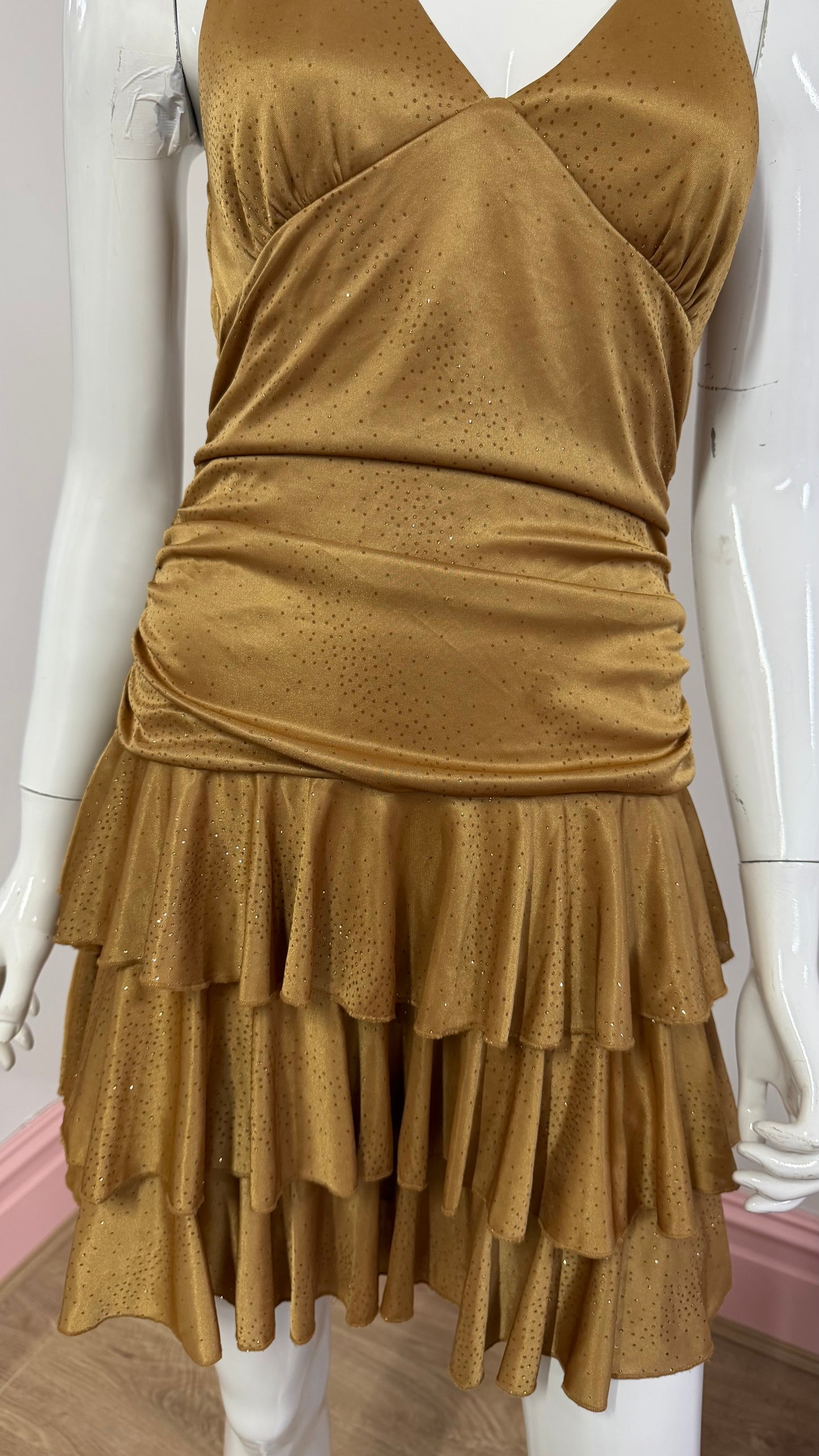 229 gold tiered midi dress