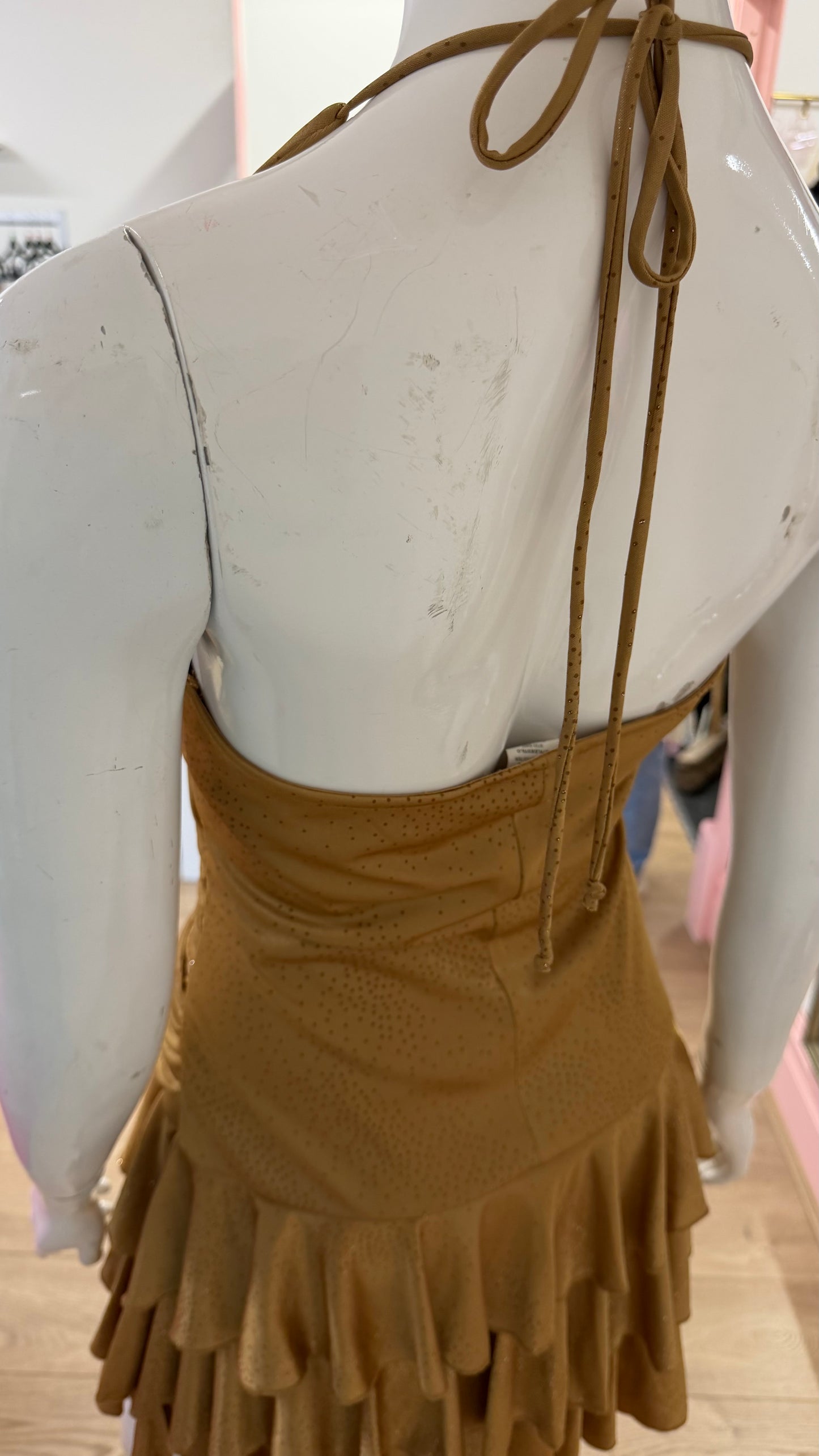 229 gold tiered midi dress