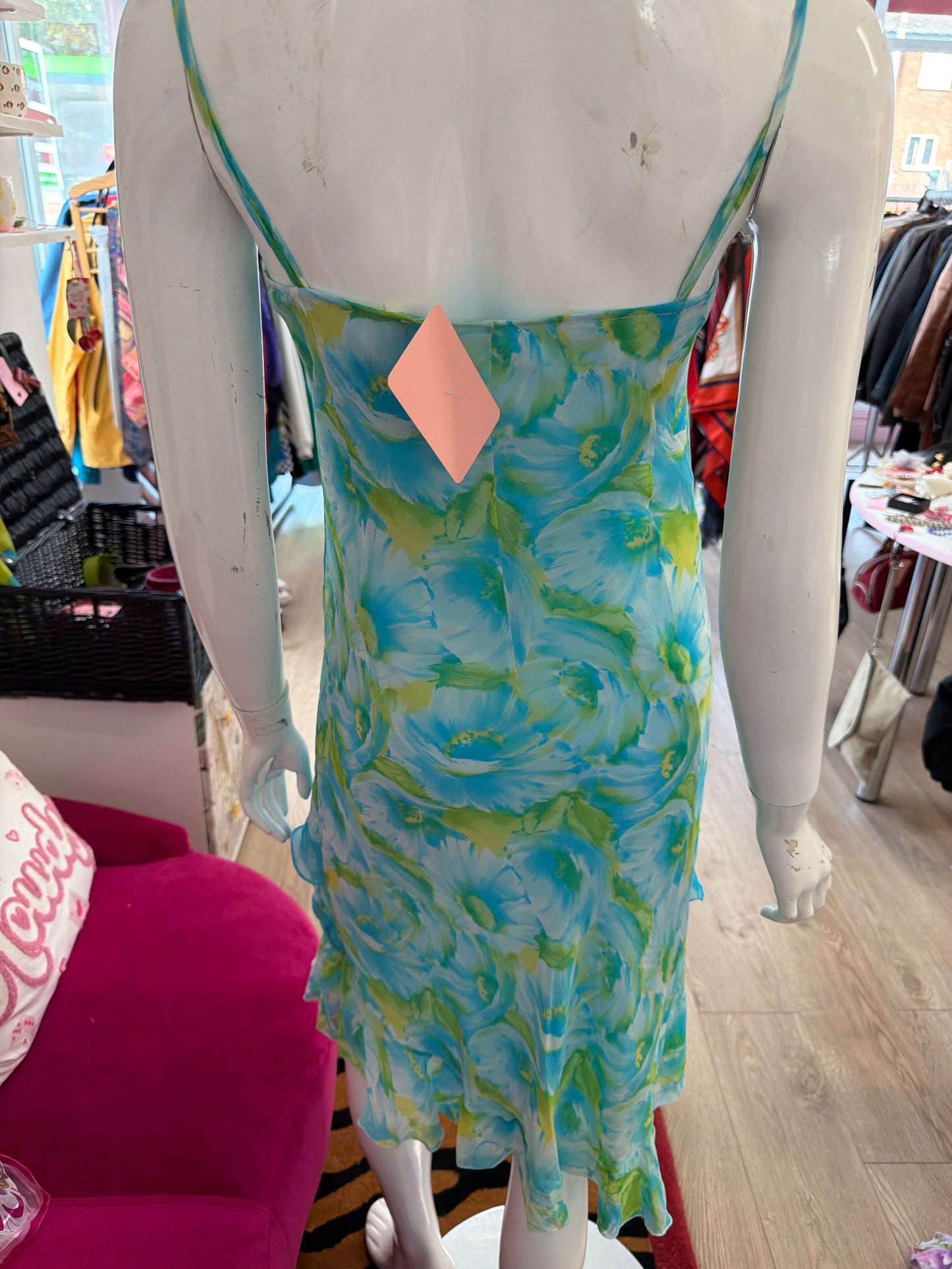 652 Floral print silk summer dress midi length size 10