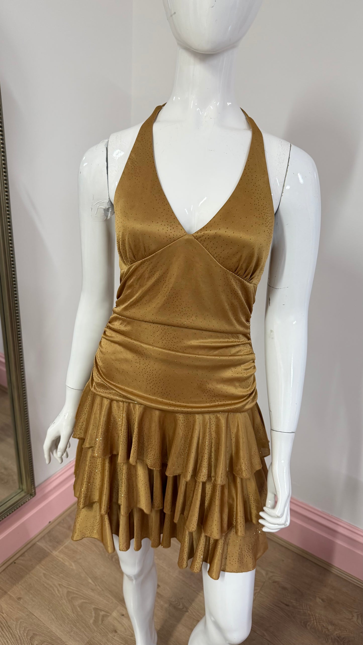 229 gold tiered midi dress