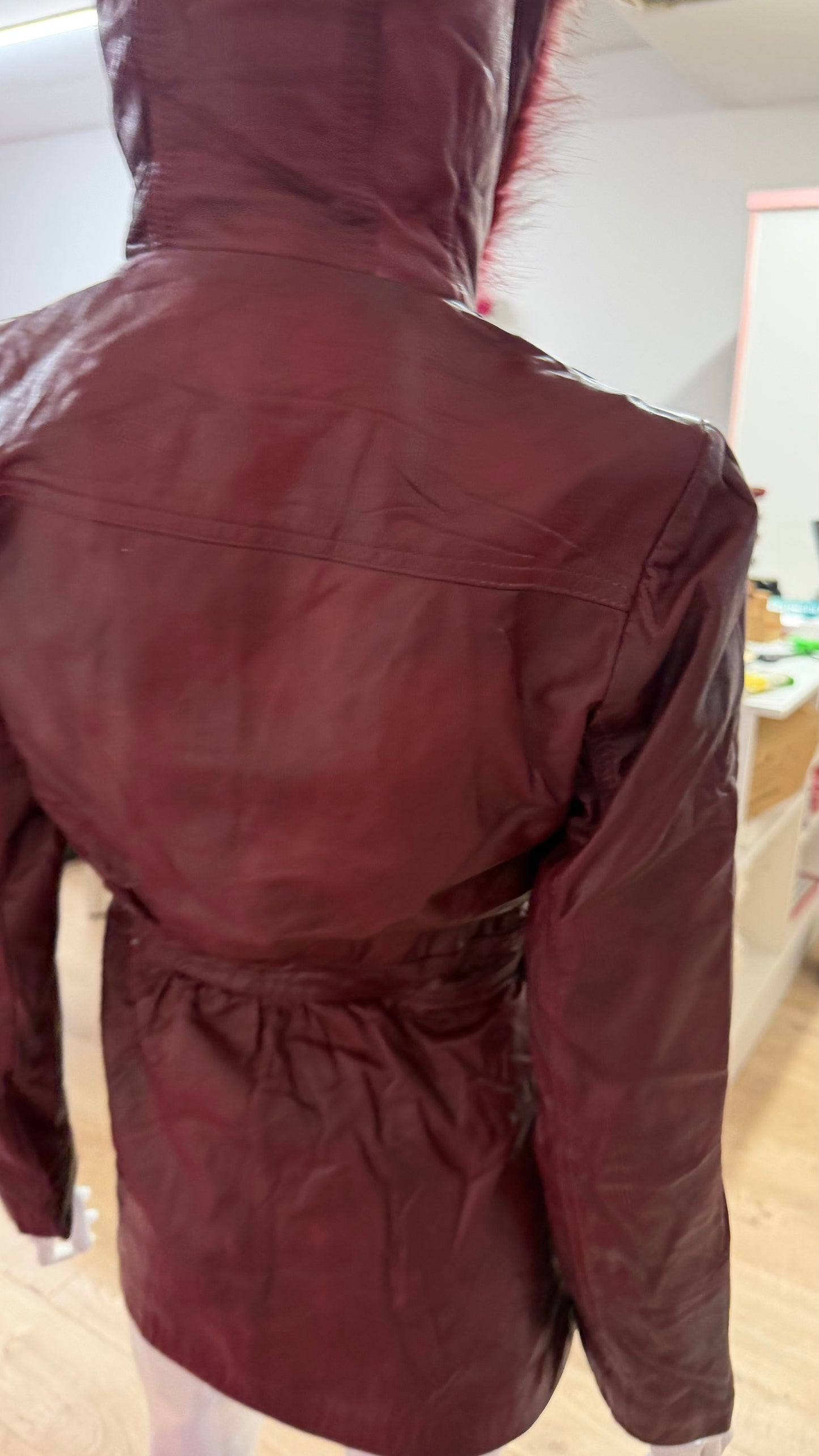 280 Red leather jacket with fur hood