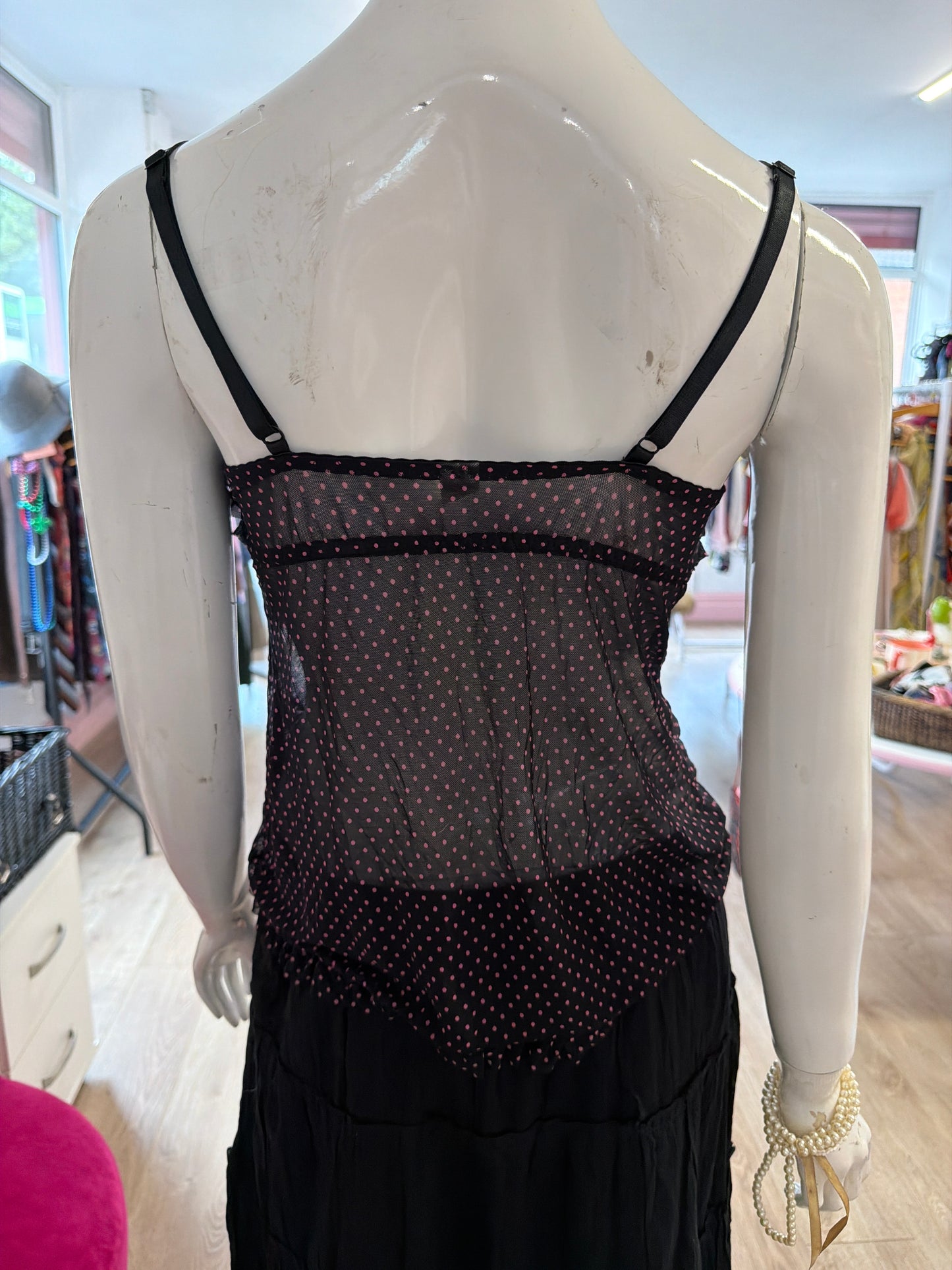 509 Pink and black mesh polka dot cami top