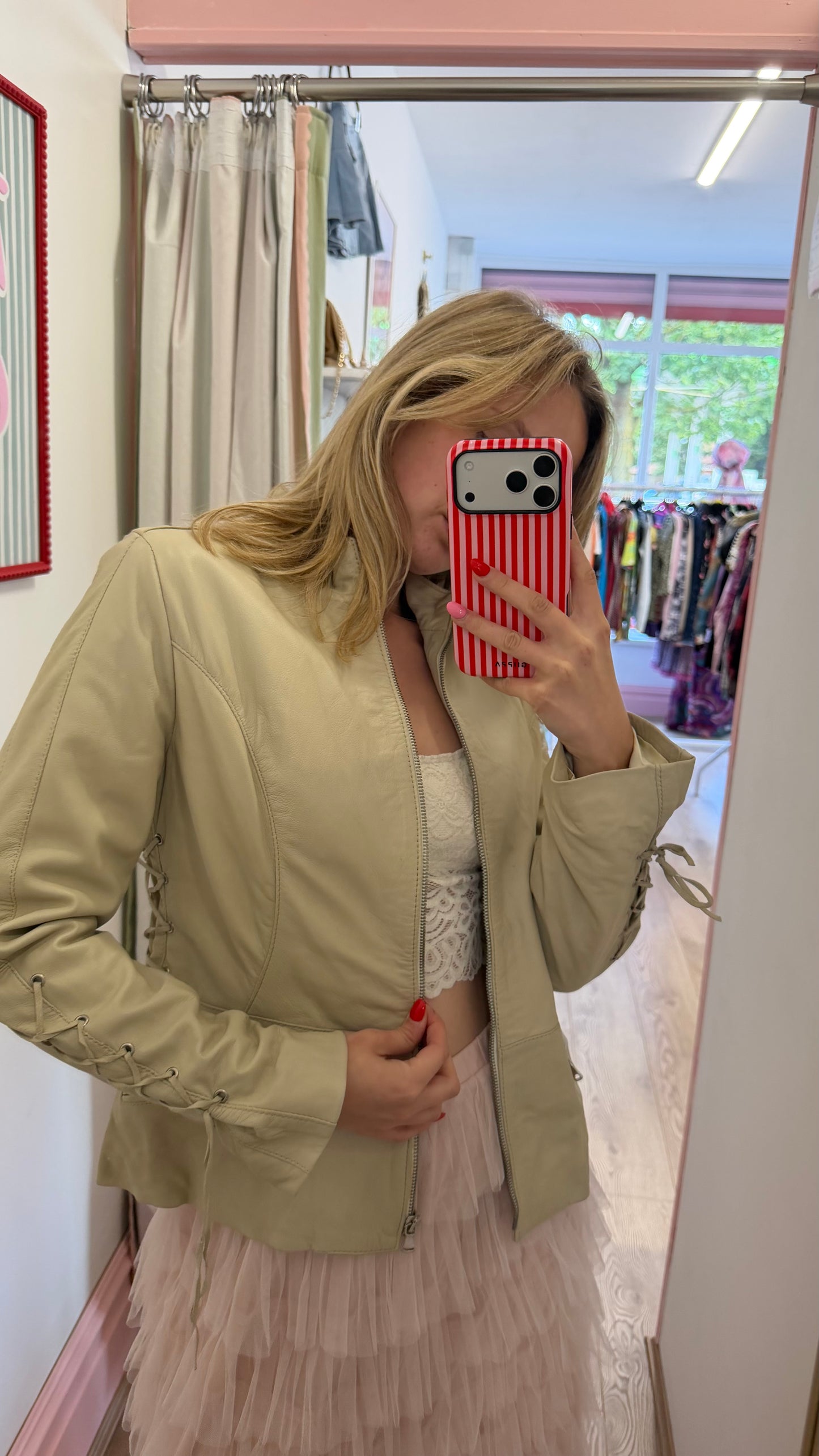 335 beige leather jacket with side ties