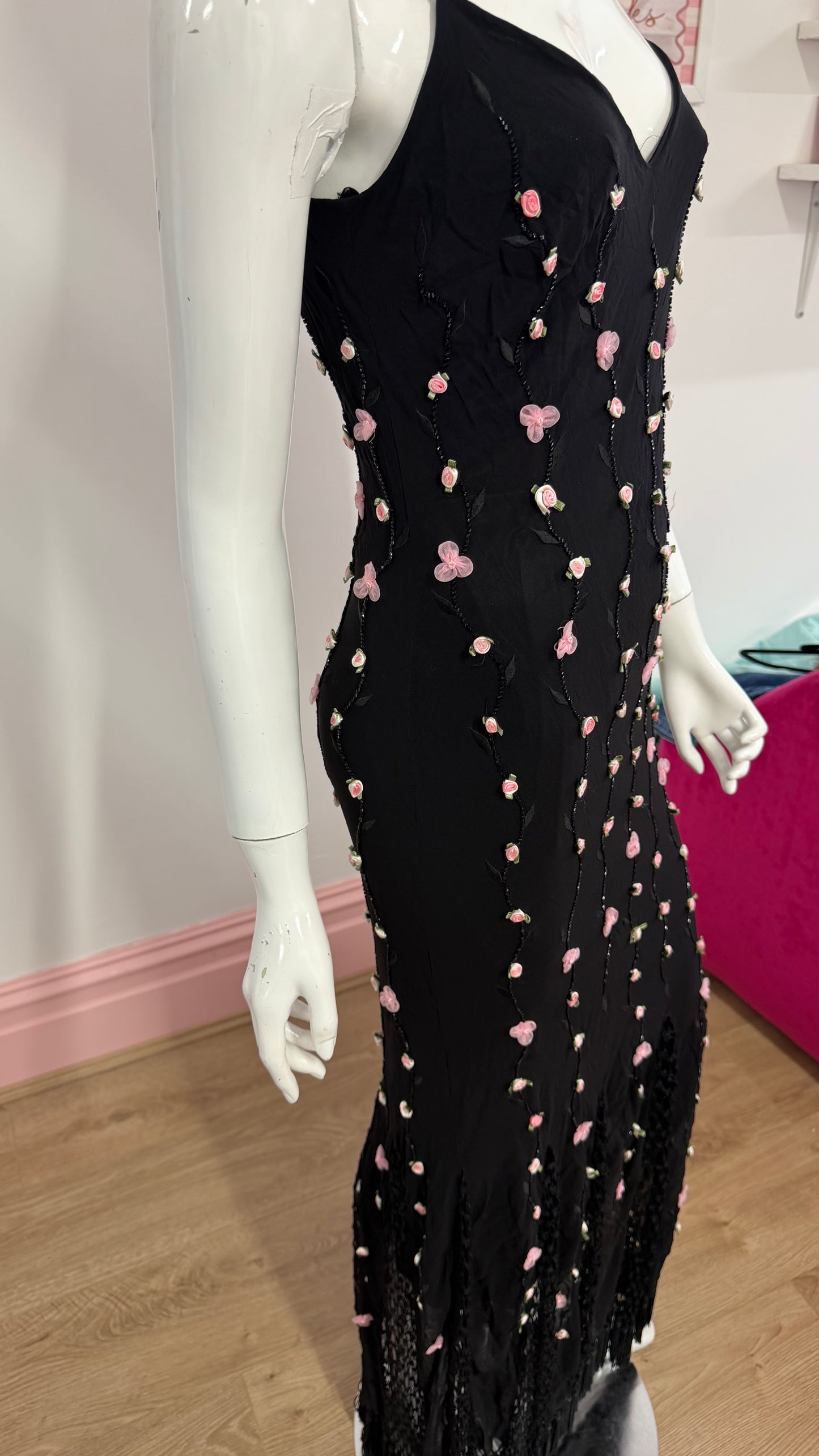 219 Black maxi dress with rose detailing