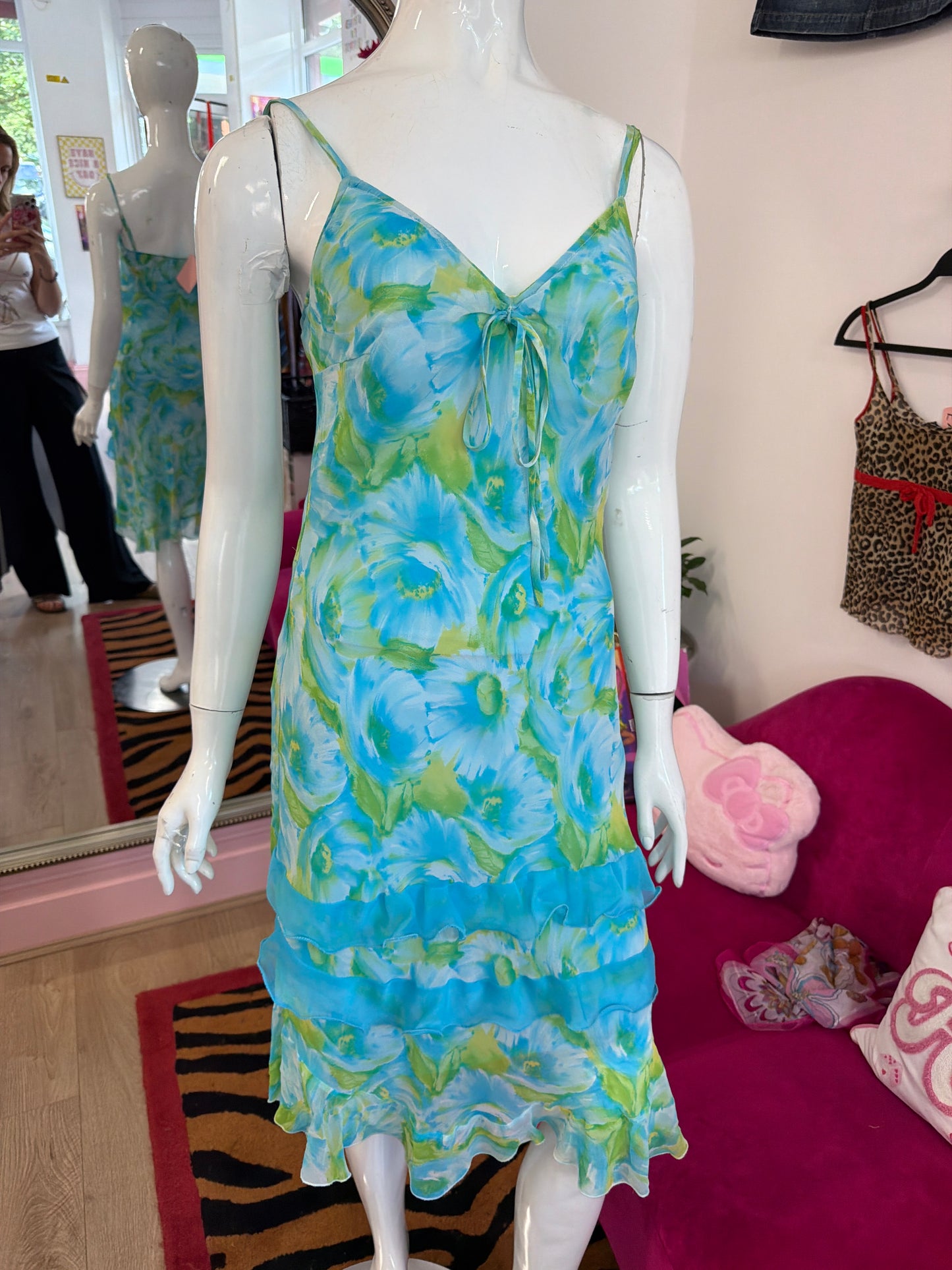 652 Floral print silk summer dress midi length size 10