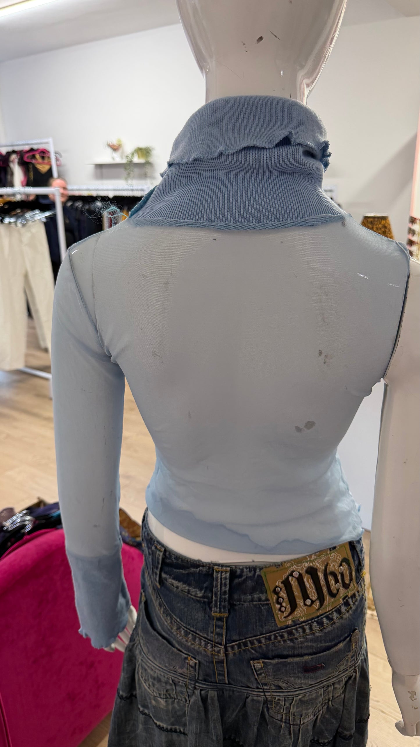 88 blue sheer one sleeve top