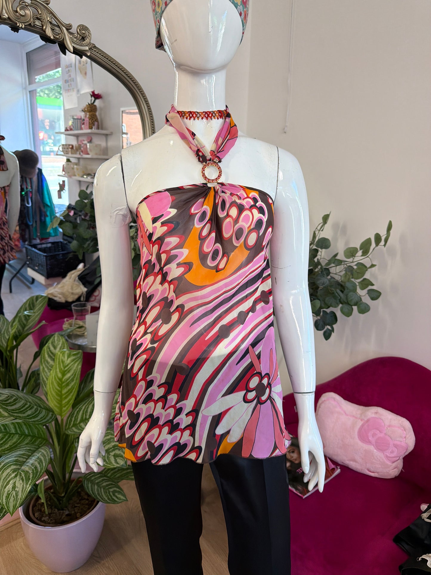 371 colourful abstract halter neck top 100% silk