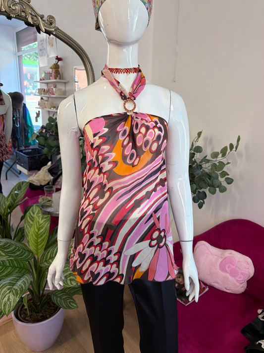 371 colourful abstract halter neck top 100% silk