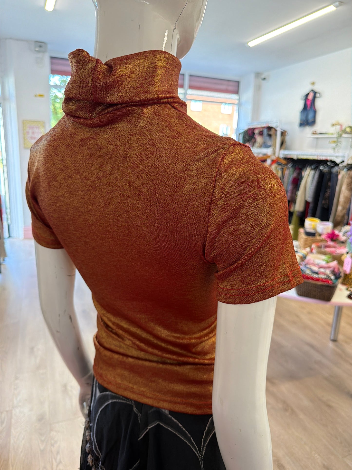 435 Short sleeve metallic turtle neck top