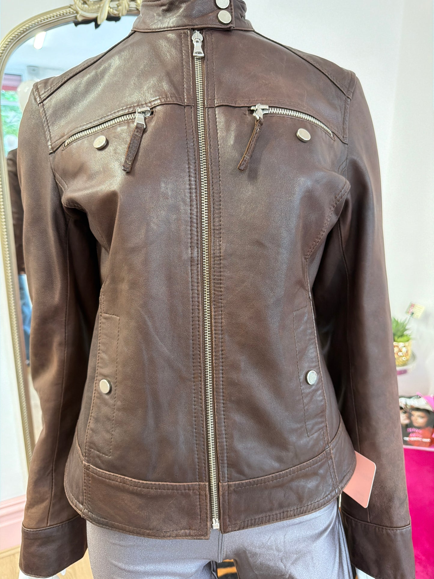 594 Brown leather jacket Size UK 10