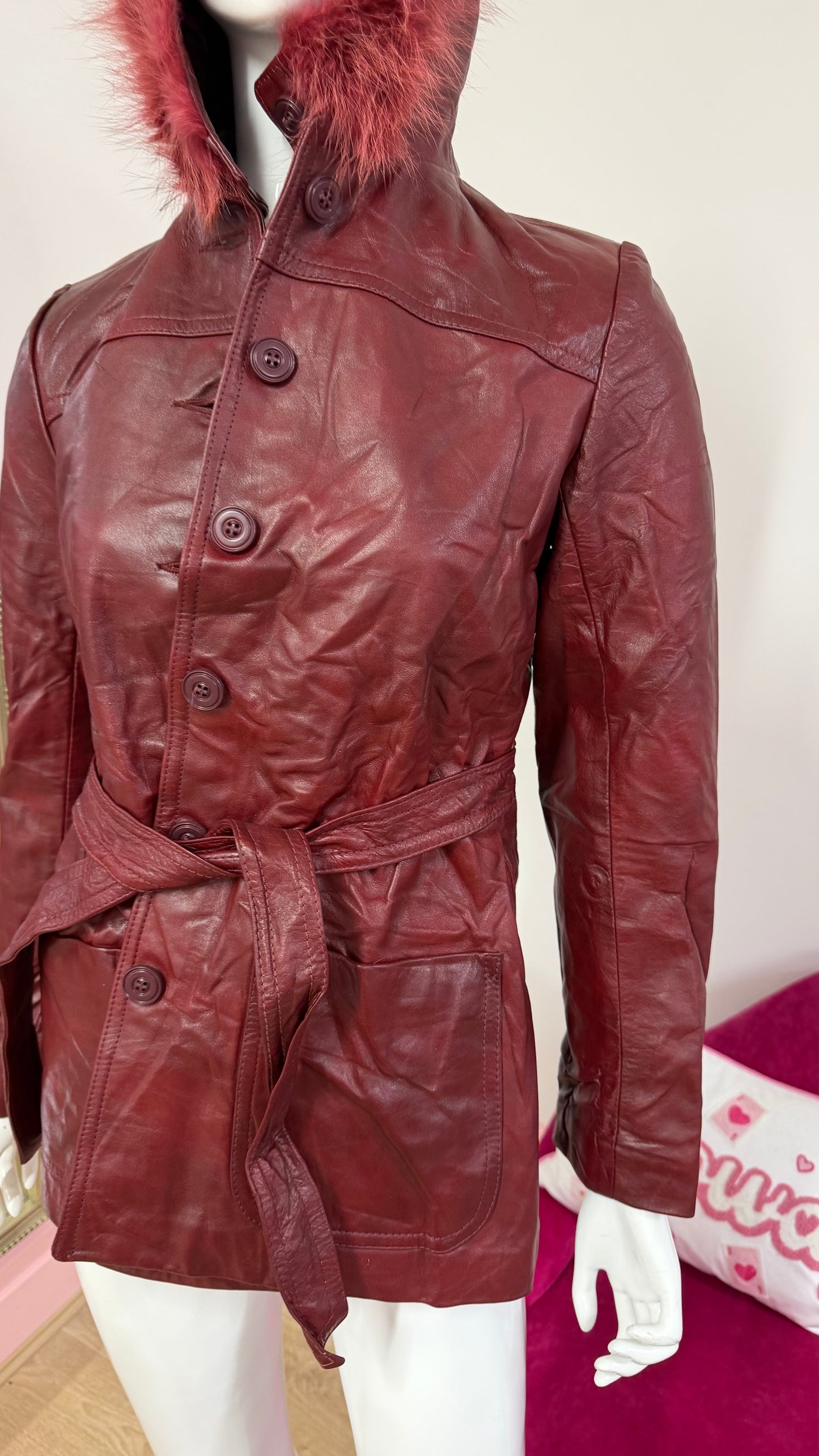 280 Red leather jacket with fur hood