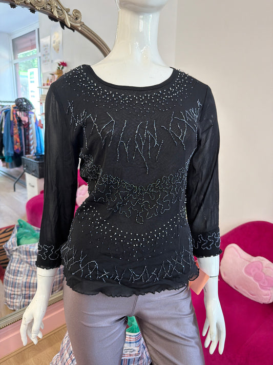 603 Black mesh beaded top Size S/M