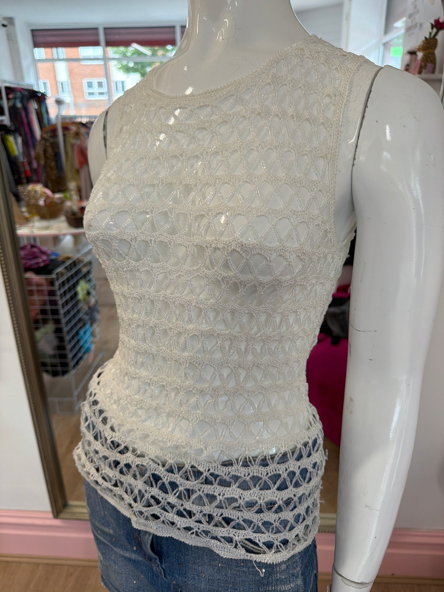 526 White net beaded tank top