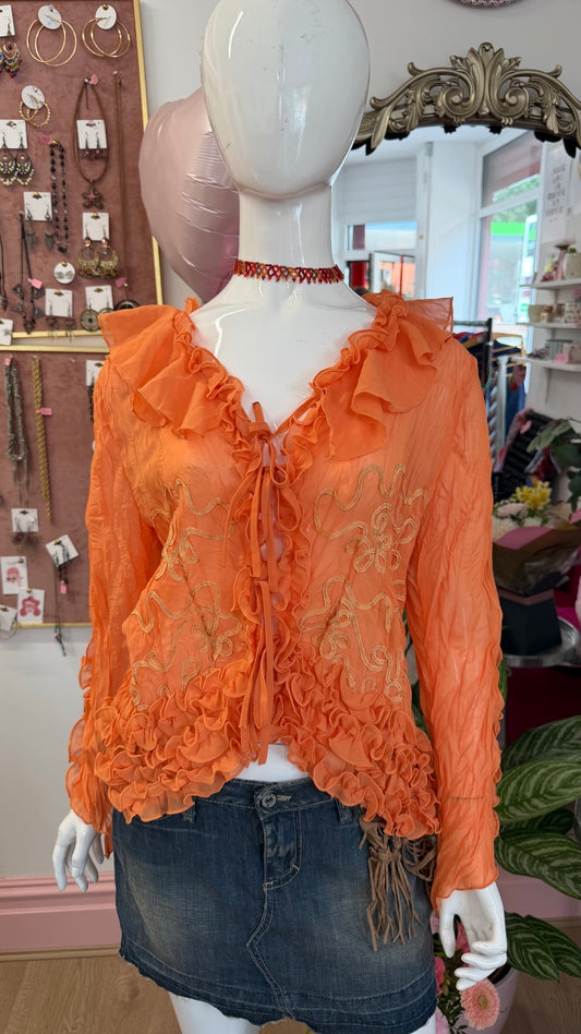325 Orange sheer frill shirt