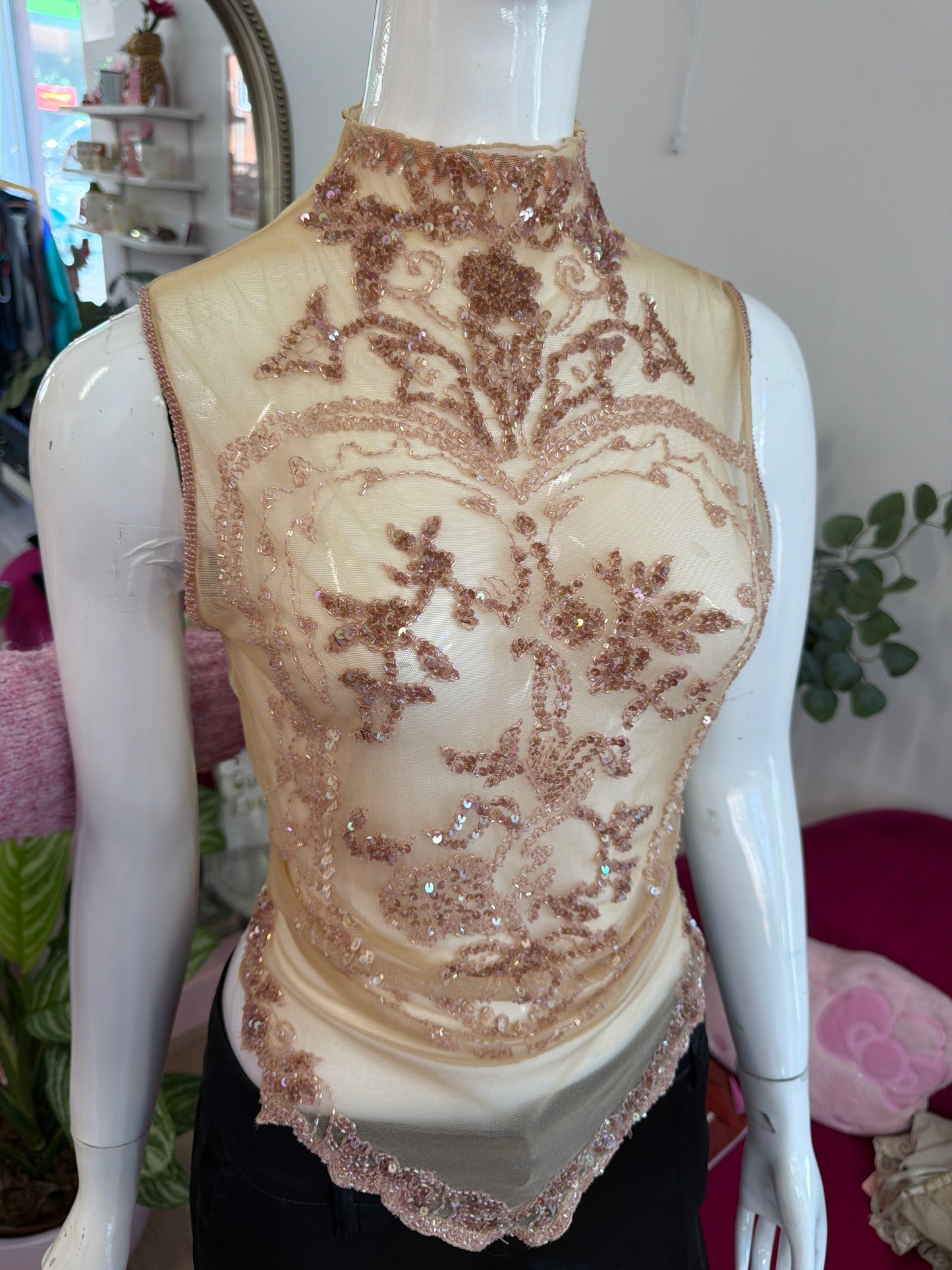 377 beige sequinned mesh top