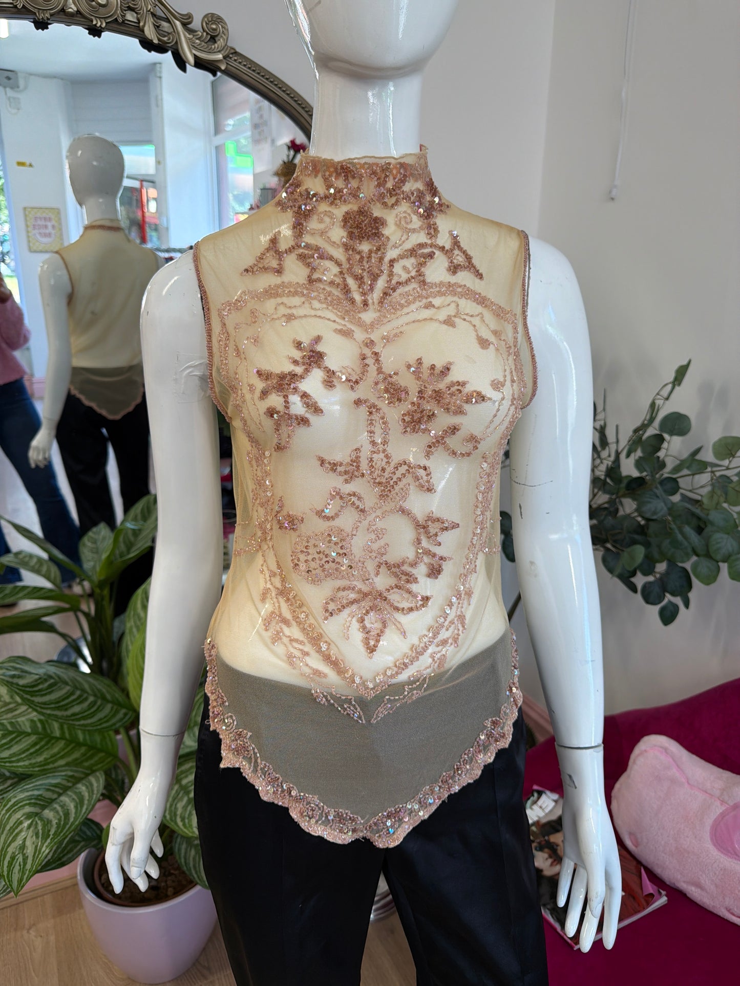 377 beige sequinned mesh top