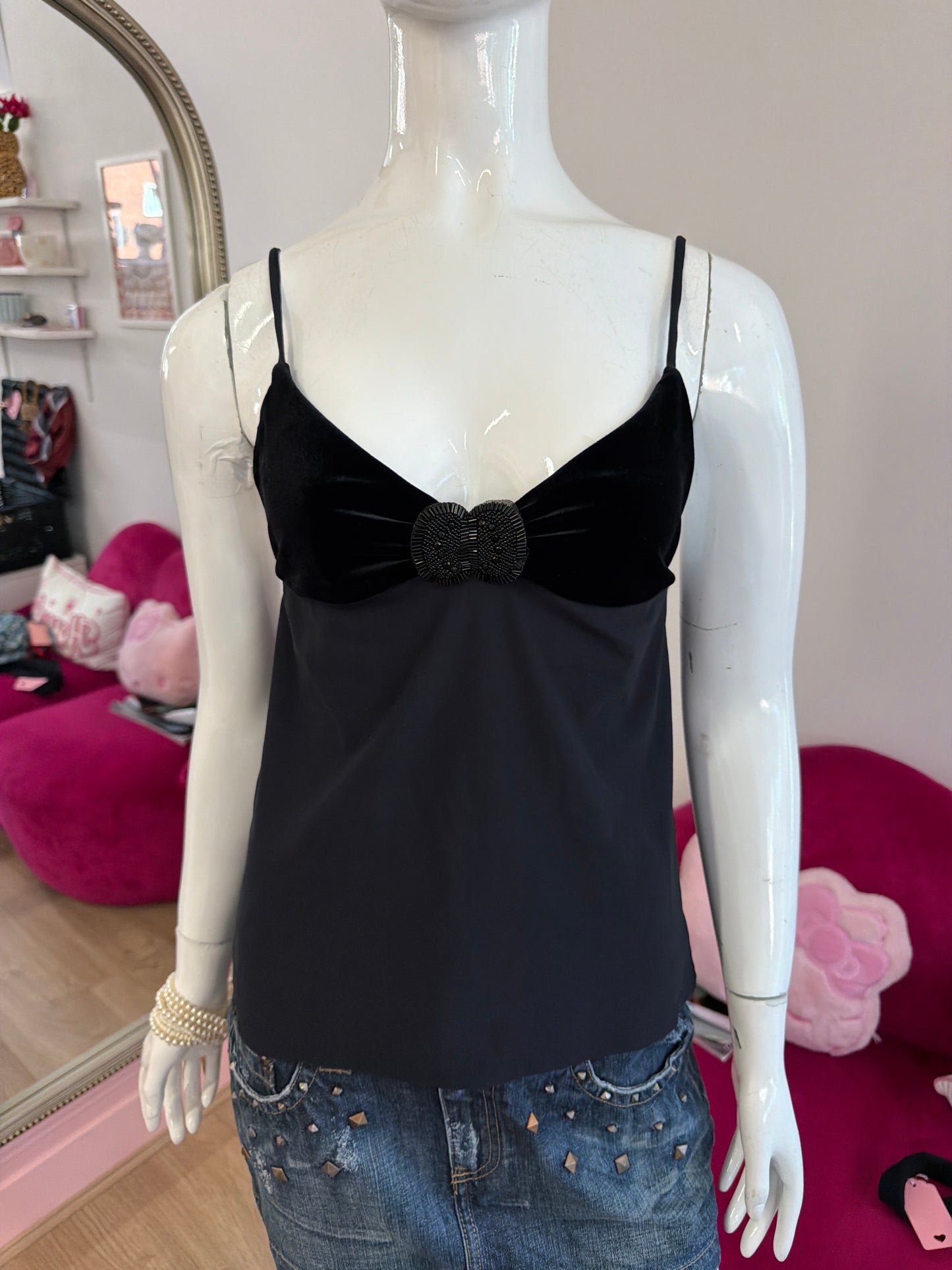 554 Black cami top with velvet