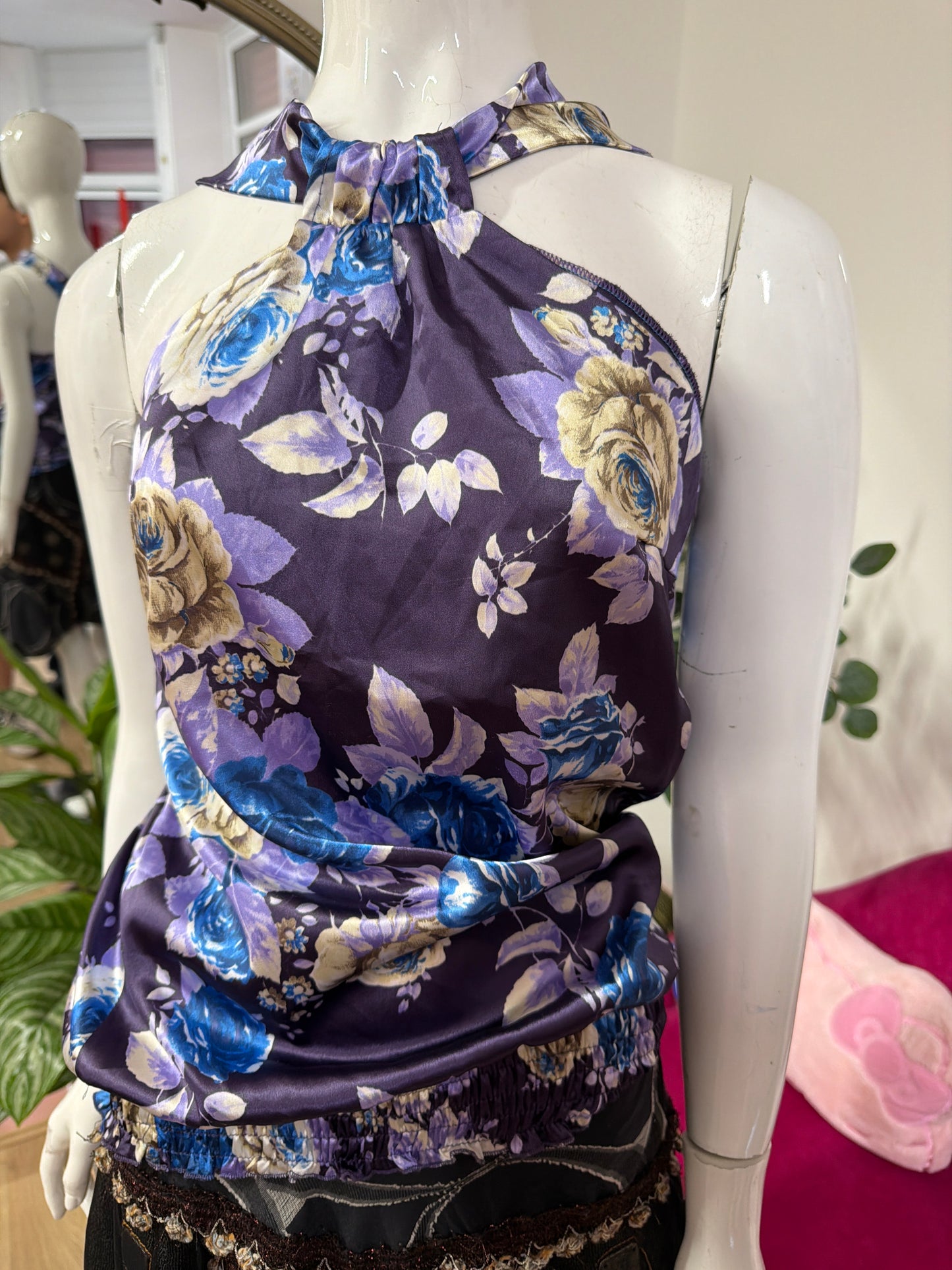 423 purple floral satin top