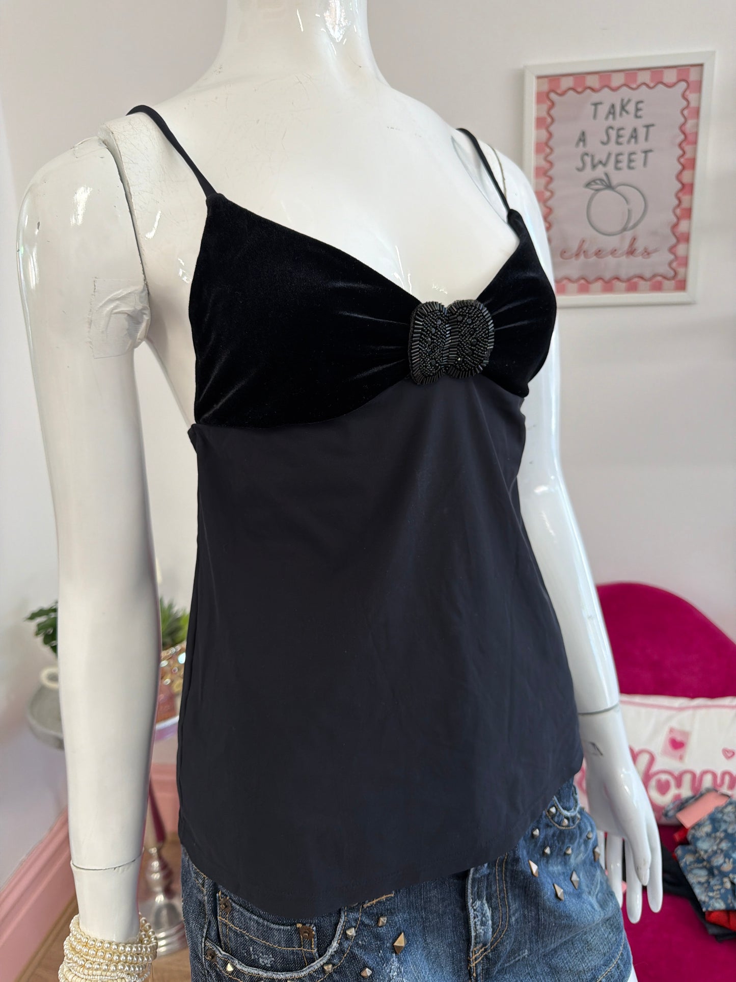 554 Black cami top with velvet