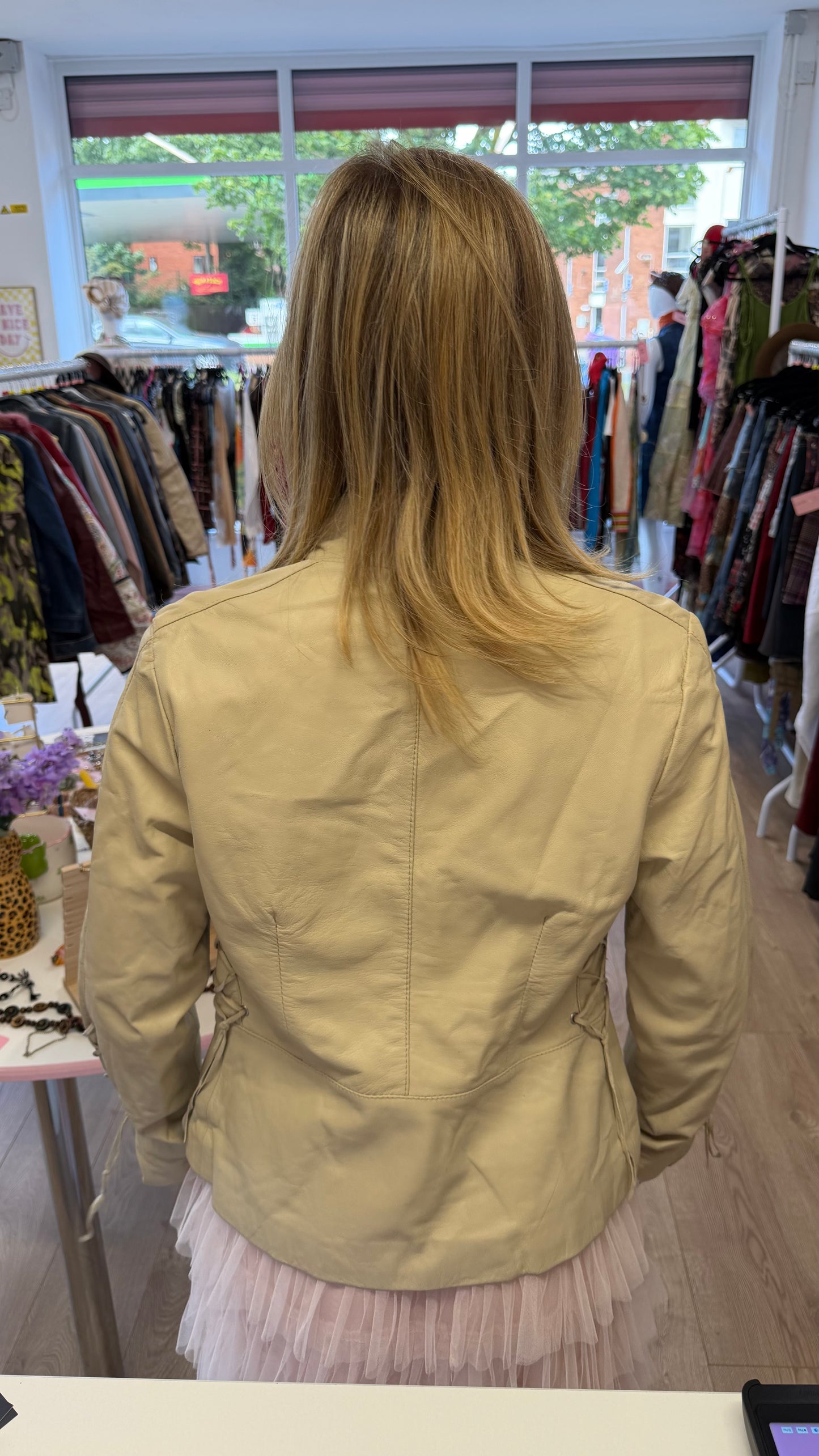 335 beige leather jacket with side ties