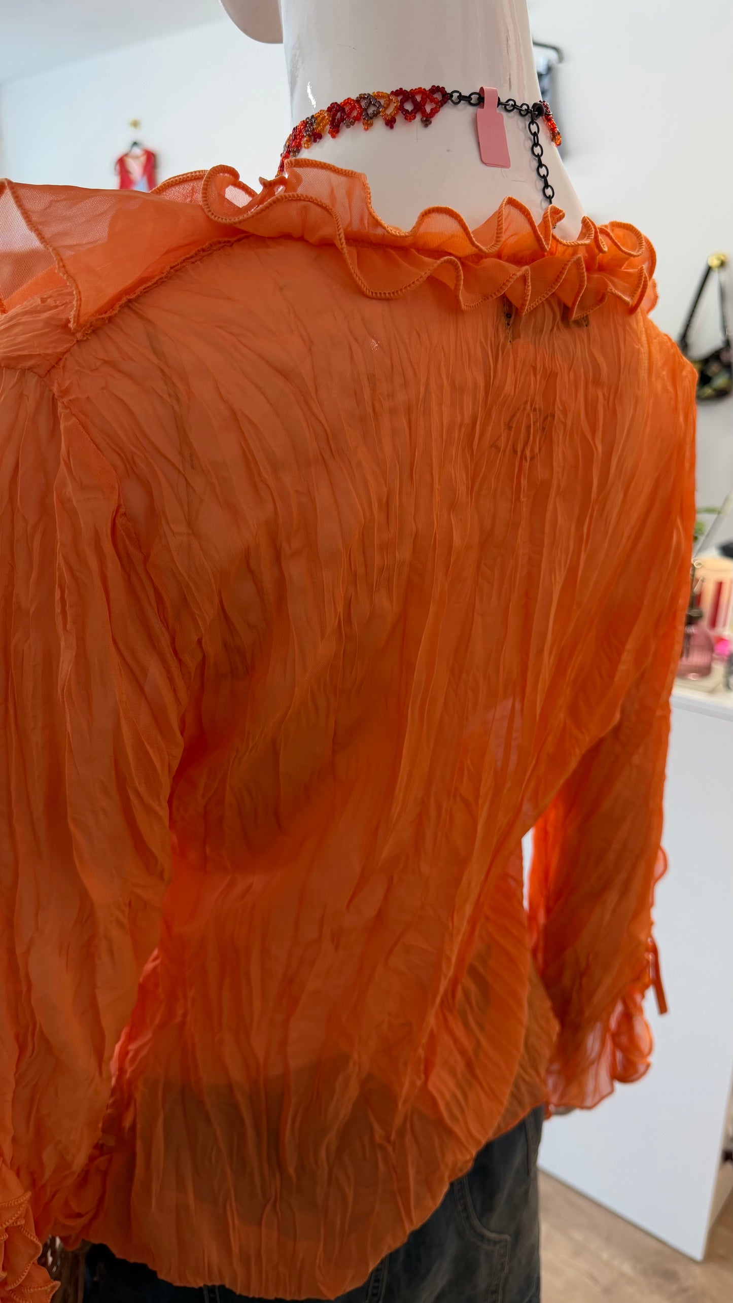 325 Orange sheer frill shirt