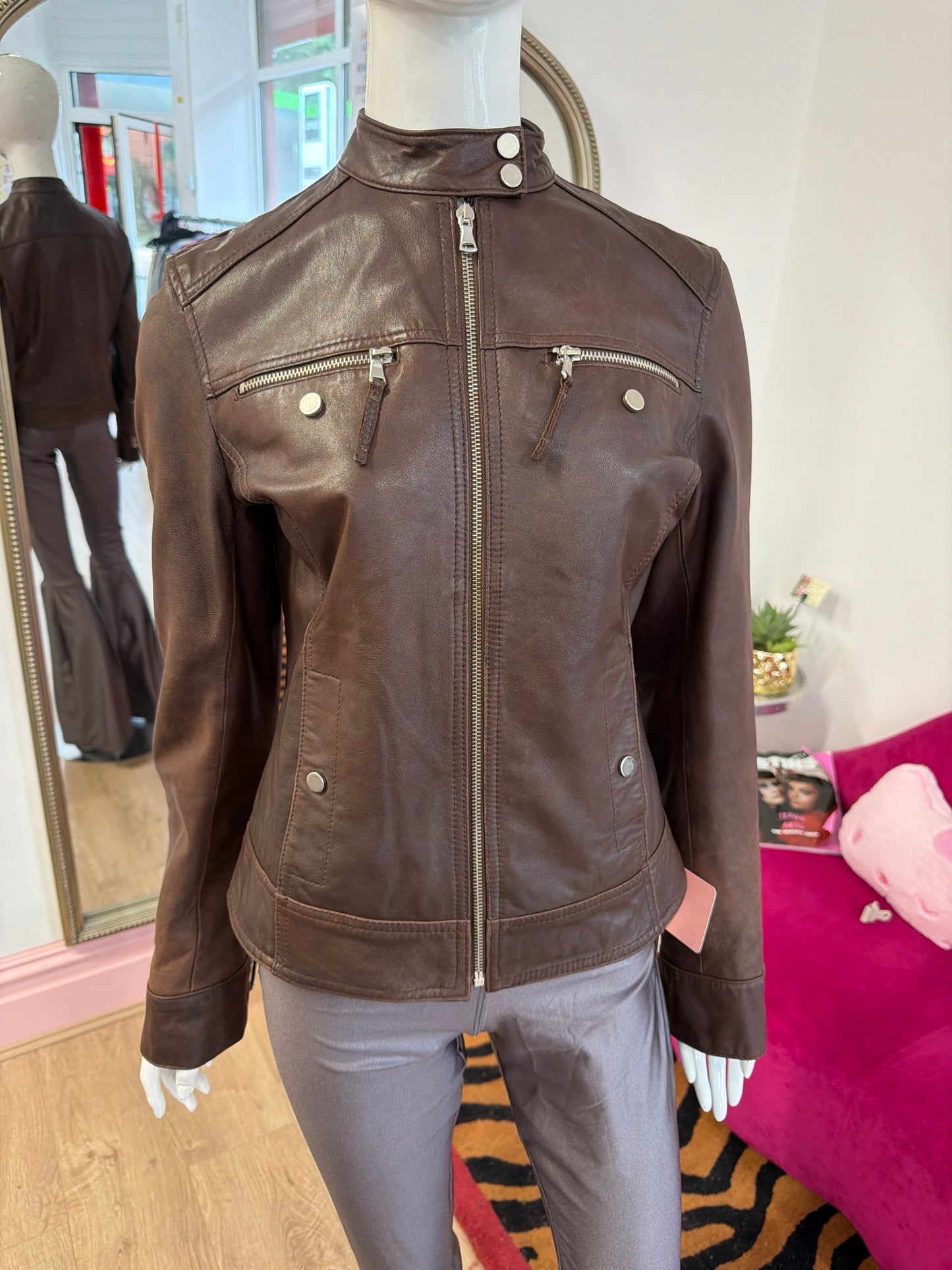 594 Brown leather jacket Size UK 10